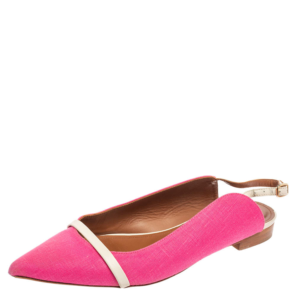Pre Owned Malone Souliers Pink Canvas And Leather Slingback Flat Sandals Size 39