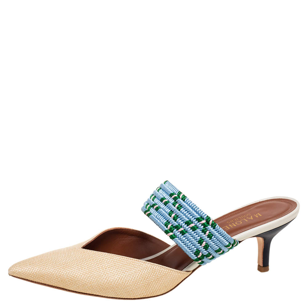 Pre Owned Malone Souliers Cream/Blue Raffia Maisie Pointed-Toe Mules Size 39