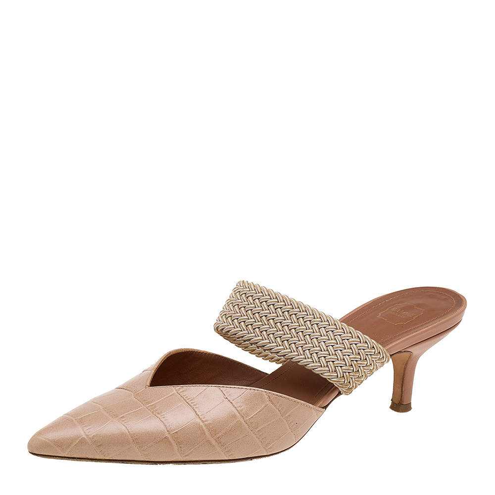 Pre Owned Malone Souliers Beige Croc Embossed Leather Maisie Mules Size 36.5