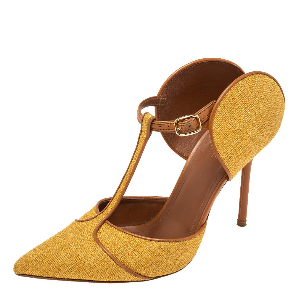 Pre Owned حذاء كعب عالي مالون سولييه جلد وكانفاس بني / أصفر حافة إيموجين مقاس 39