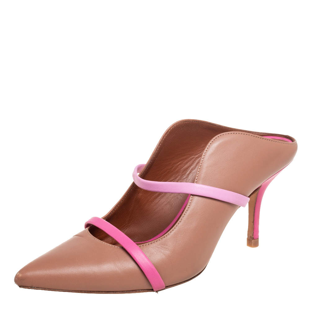 Pre Owned Malone Souliers Brown/Pink Leather Maureen Pointed-Toe Mules Size 38.5