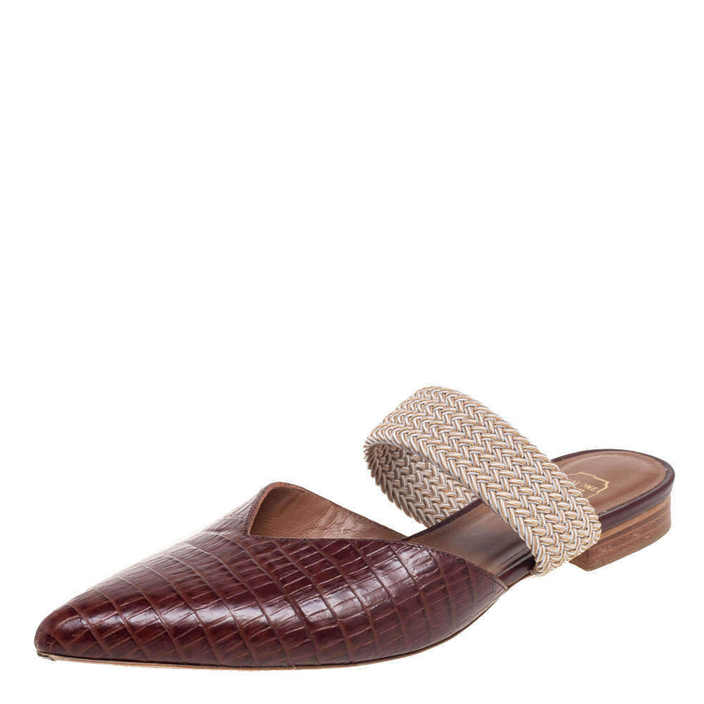 Pre Owned Malone Souliers Brown Lizard Embossed Leather Maisie Pointed-Toe Flats Size 39.5