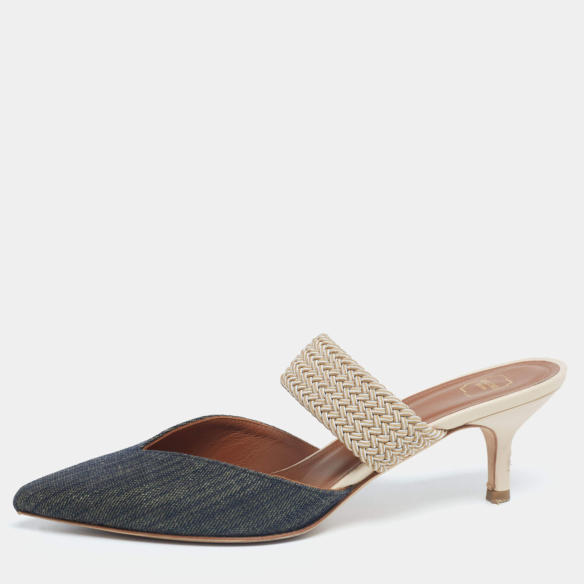 Pre Owned Malone Souliers Green/Beige Canvas and Raffia Maisie Pointed Toe Mules Size 37