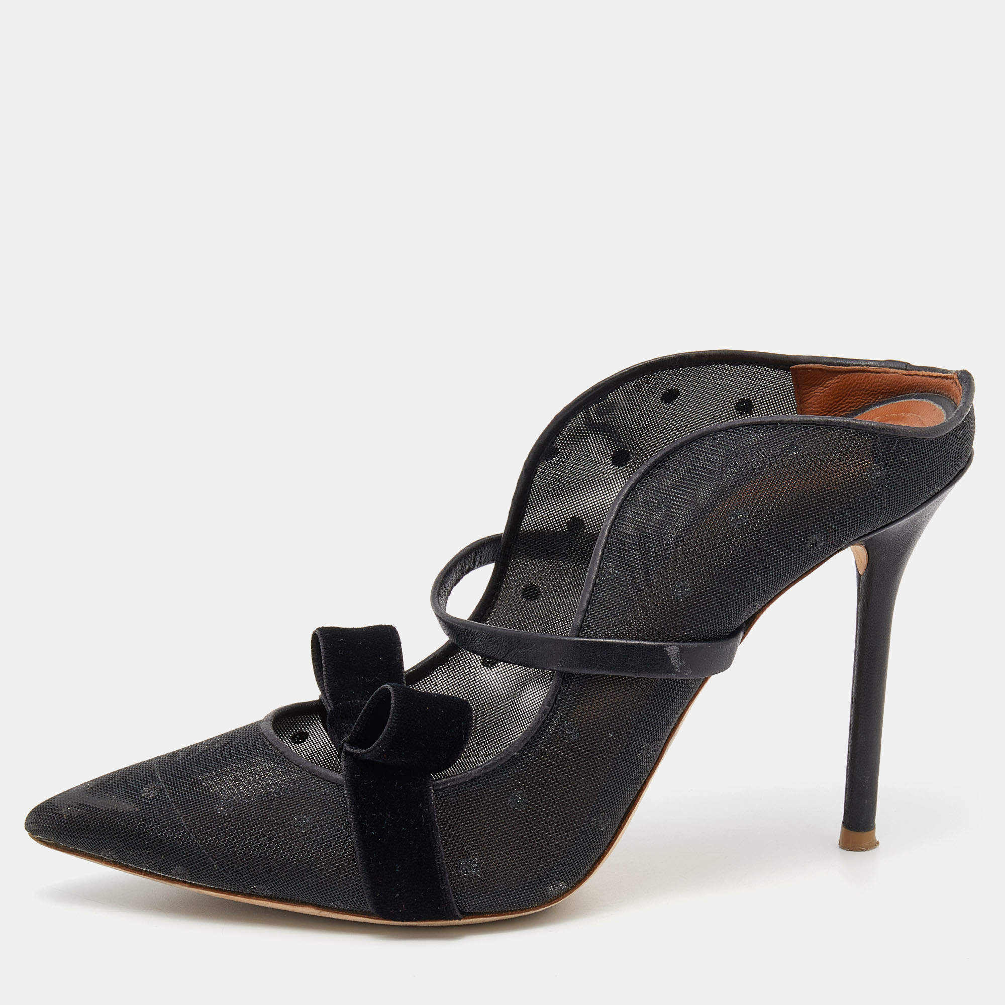Pre Owned Malone Souliers Black Polka Dot Mesh And Velvet Maureen Bow Mules Size 37