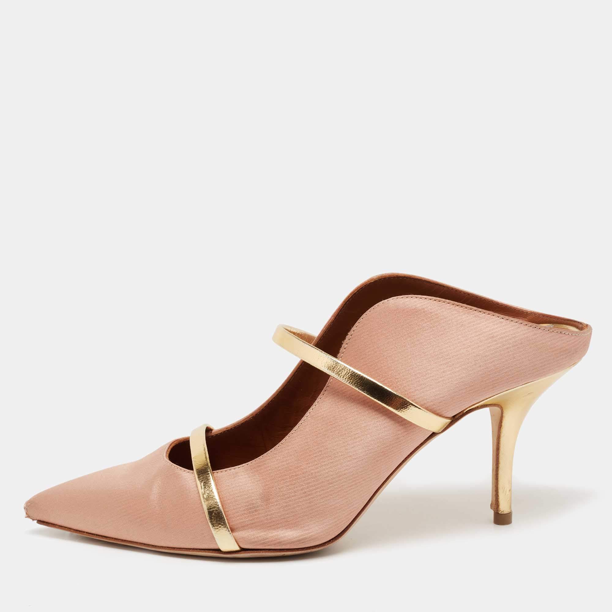 Pre Owned Malone Souliers Pink/Gold Satin and Leather Maureen Pointed-Toe Mules Size 39