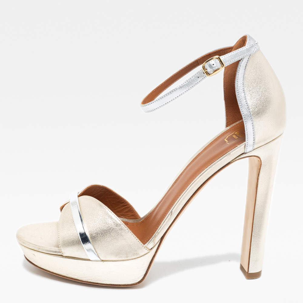 Pre Owned Malone Souliers Metallic Gold/Silver Leather Miranda Platform Ankle Strap Sandals Size 41