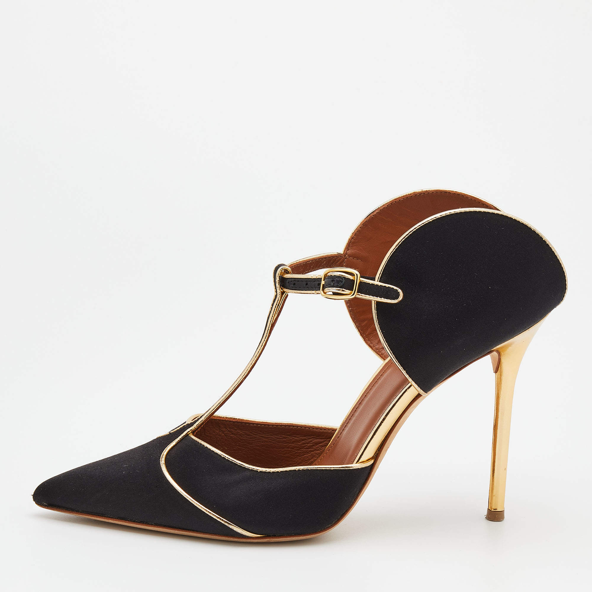 Pre Owned Malone Souliers Black/Gold Satin And Leather Imogen Pointed Toe Sandals Size 40