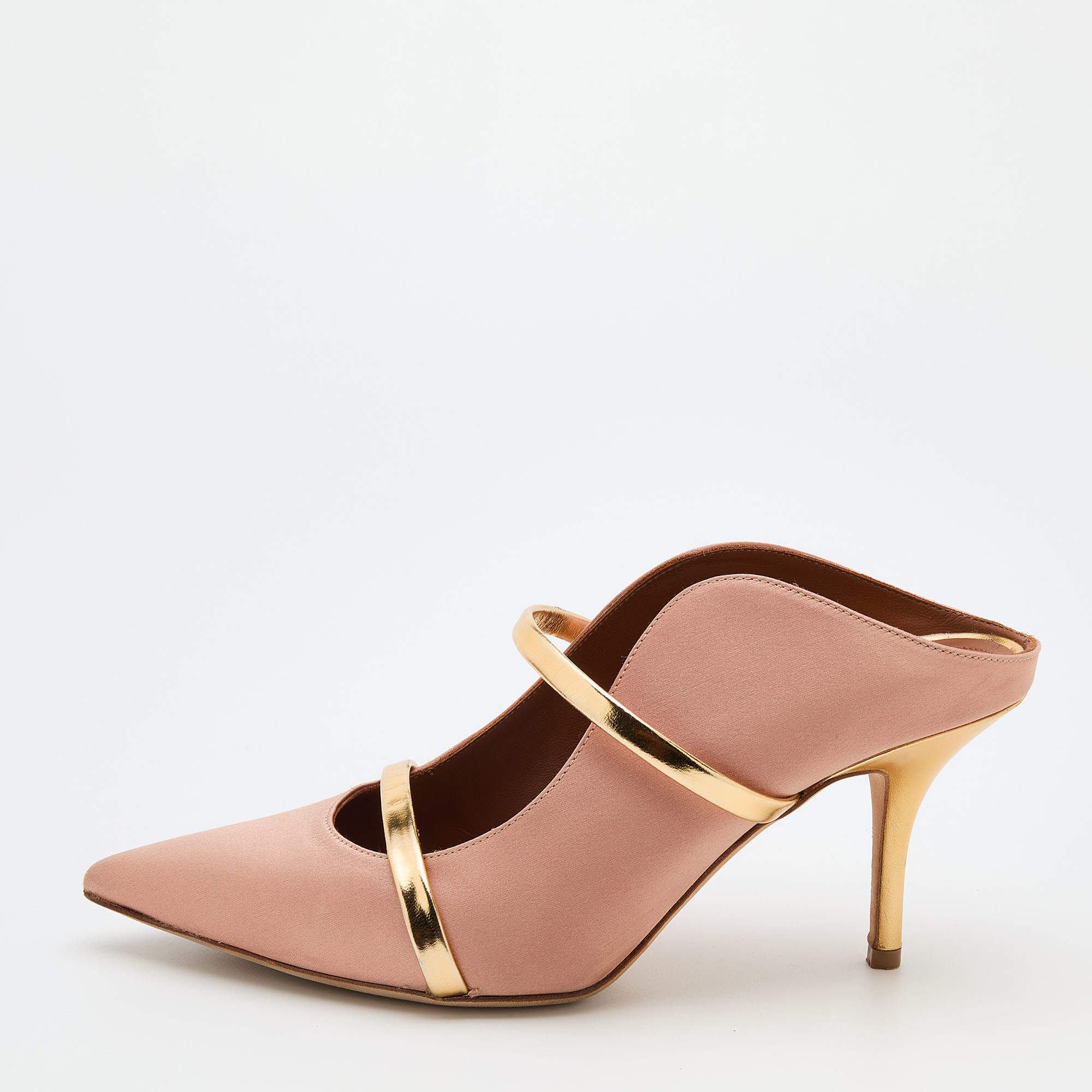 Pre Owned Malone Souliers Beige/Metallic Gold Satin And Leather Maureen Pointed Toe Mules Size 38.5