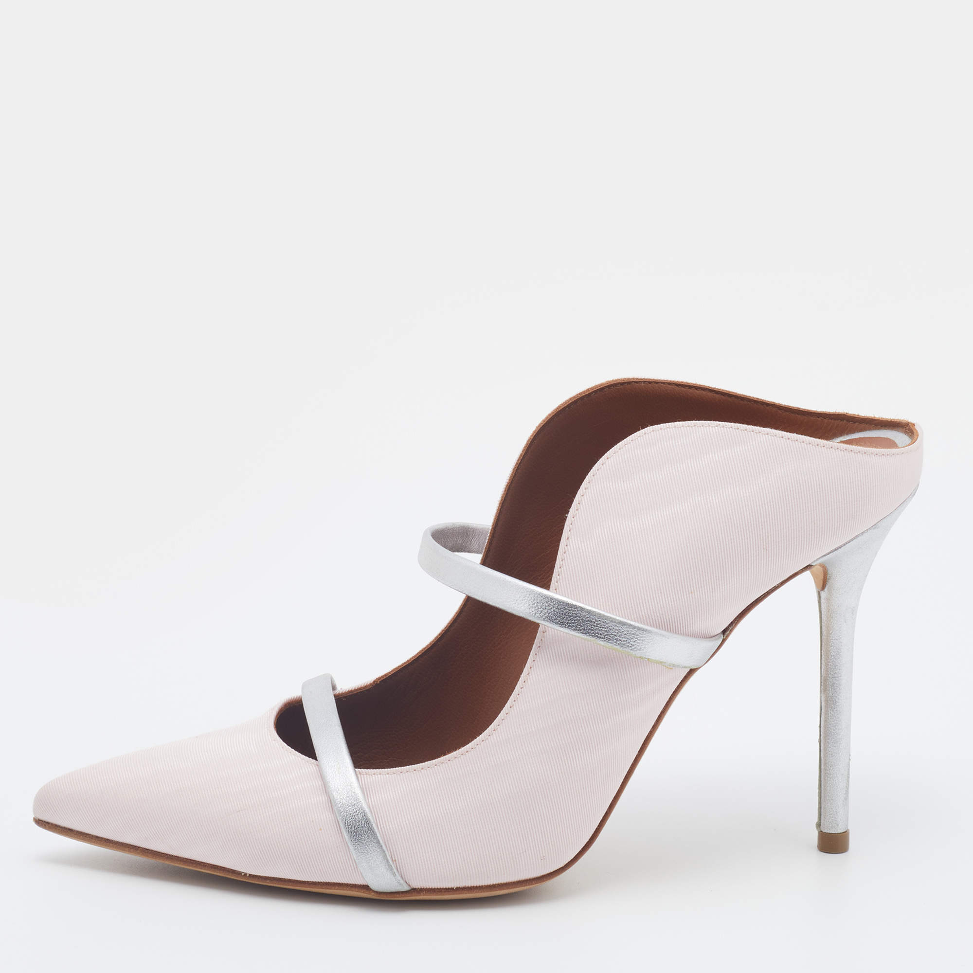 Pre Owned Malone Souliers Light Pink/Silver Fabric And Leather Maureen Pointed Toe Mules Size 37.5