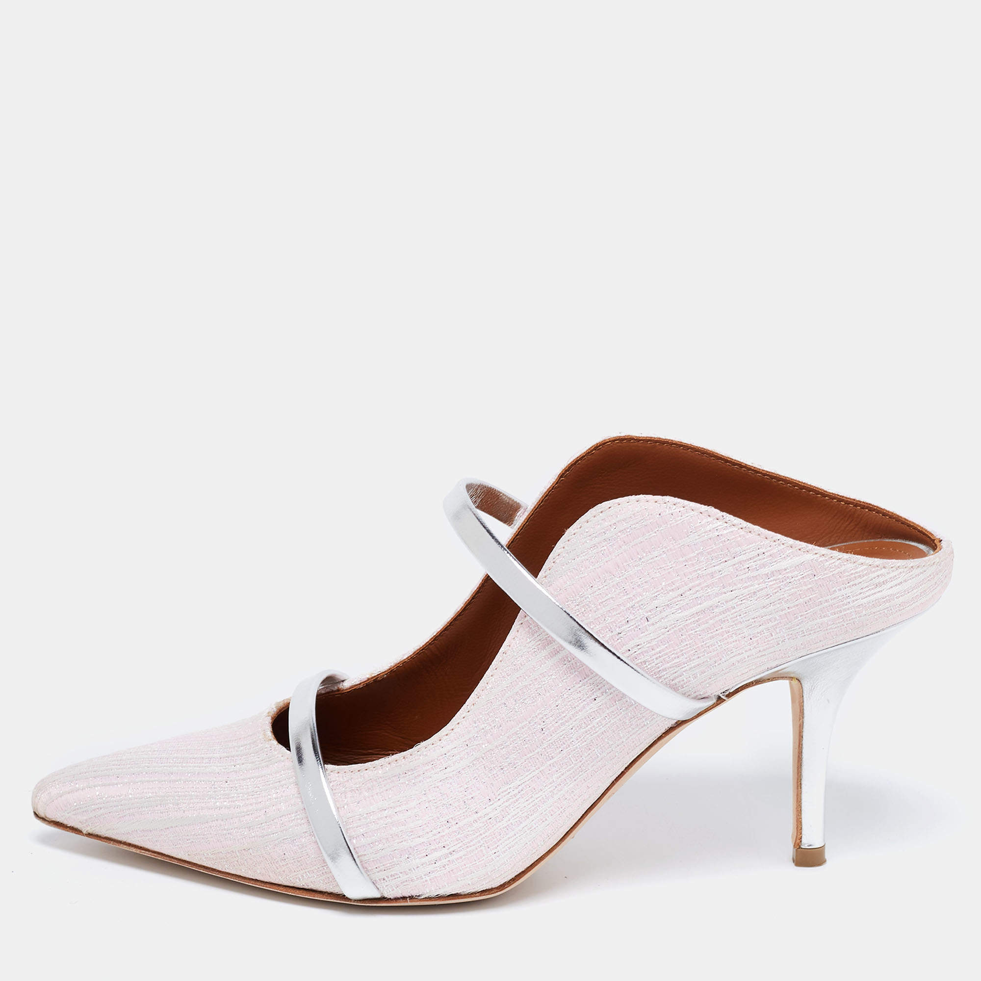 Pre Owned Malone Souliers Pink/Silver Fabric And Leather Maureen Pointed Toe Mules Sandals Size 37