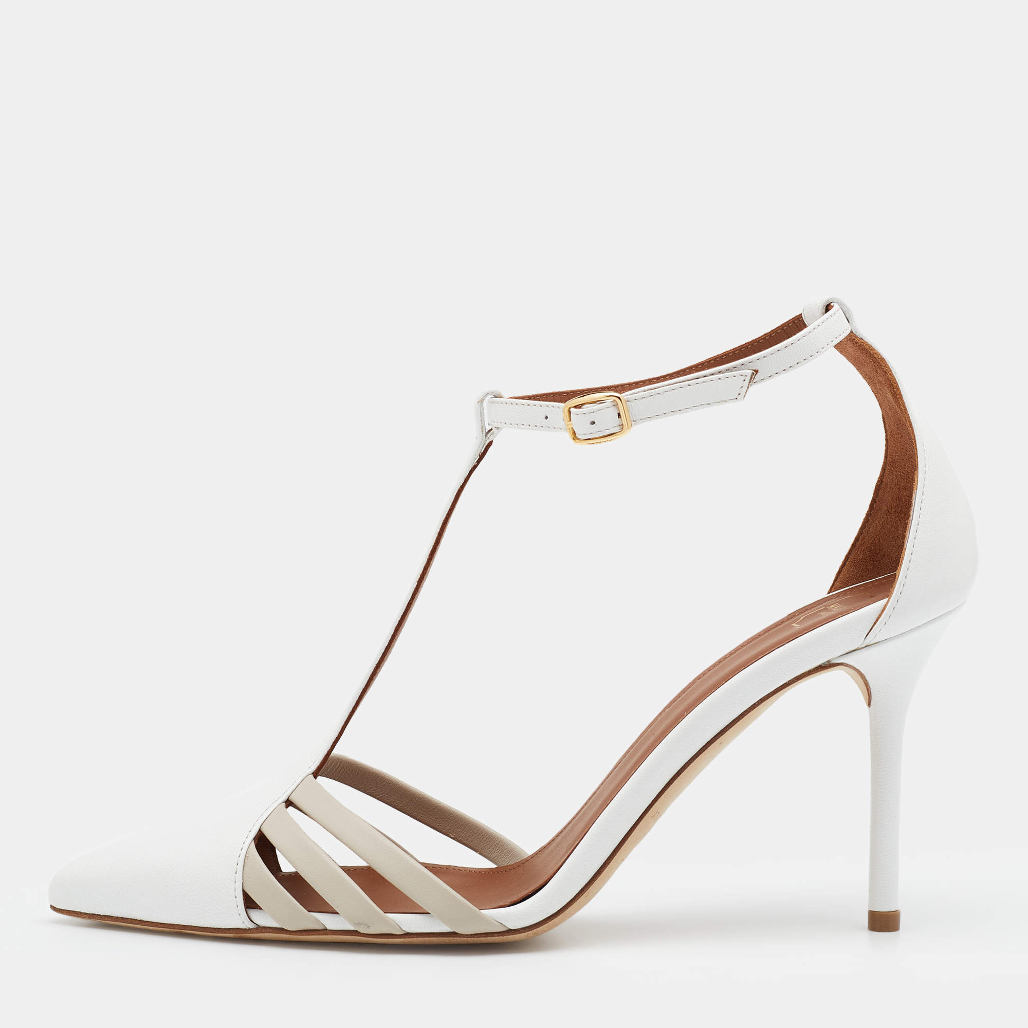 Pre Owned Malone Souliers White Leather Ila T-Strap Pumps Size 37