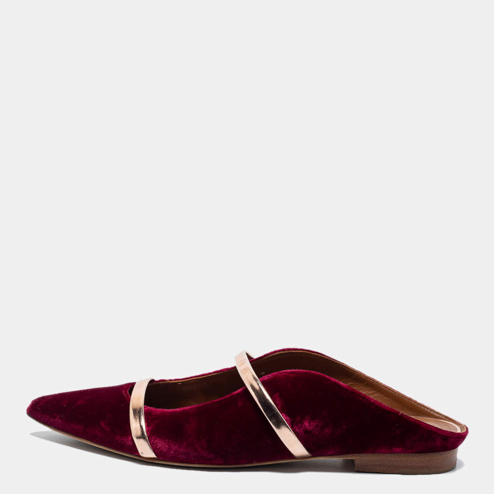 Pre Owned Malone Souliers Burgundy Velvet and Leather Maureen Flats Size 37