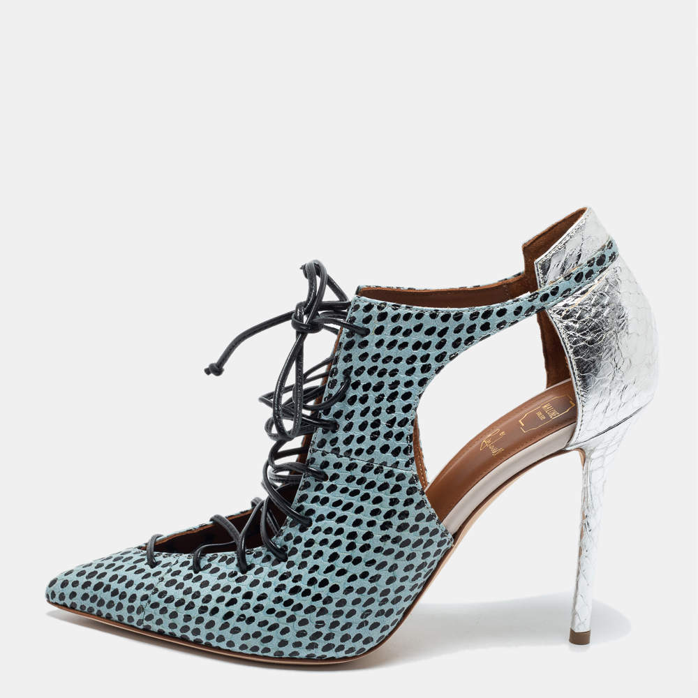 Pre Owned Malone Souliers Multicolor Snakeskin Montana Lace Up Booties Size 38.5