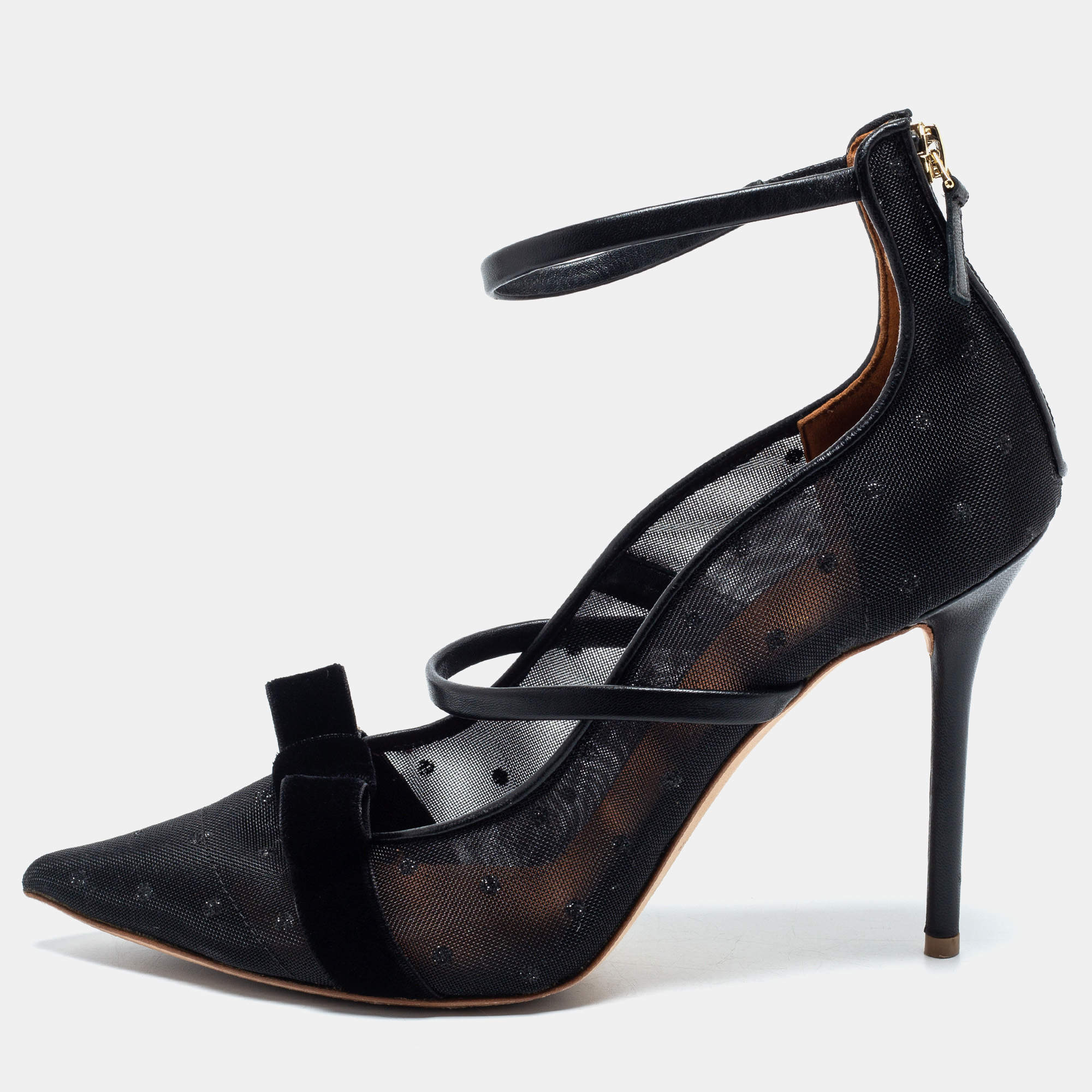 Pre Owned Malone Souliers Black Mesh and Leather Bow Maureen Ankle Strap Pumps Size 40.5