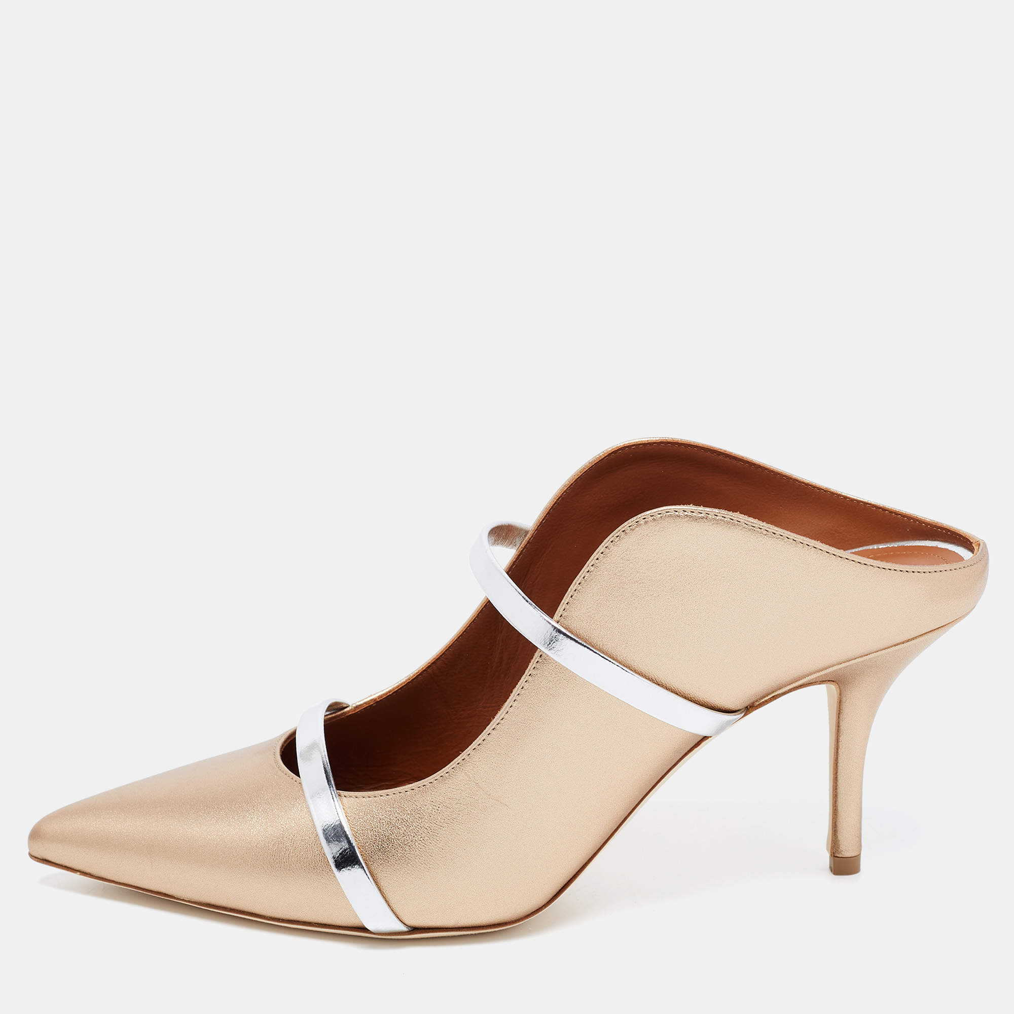 Pre Owned Malone Souliers Gold/Silver Leather Maureen Mules Size 40.5