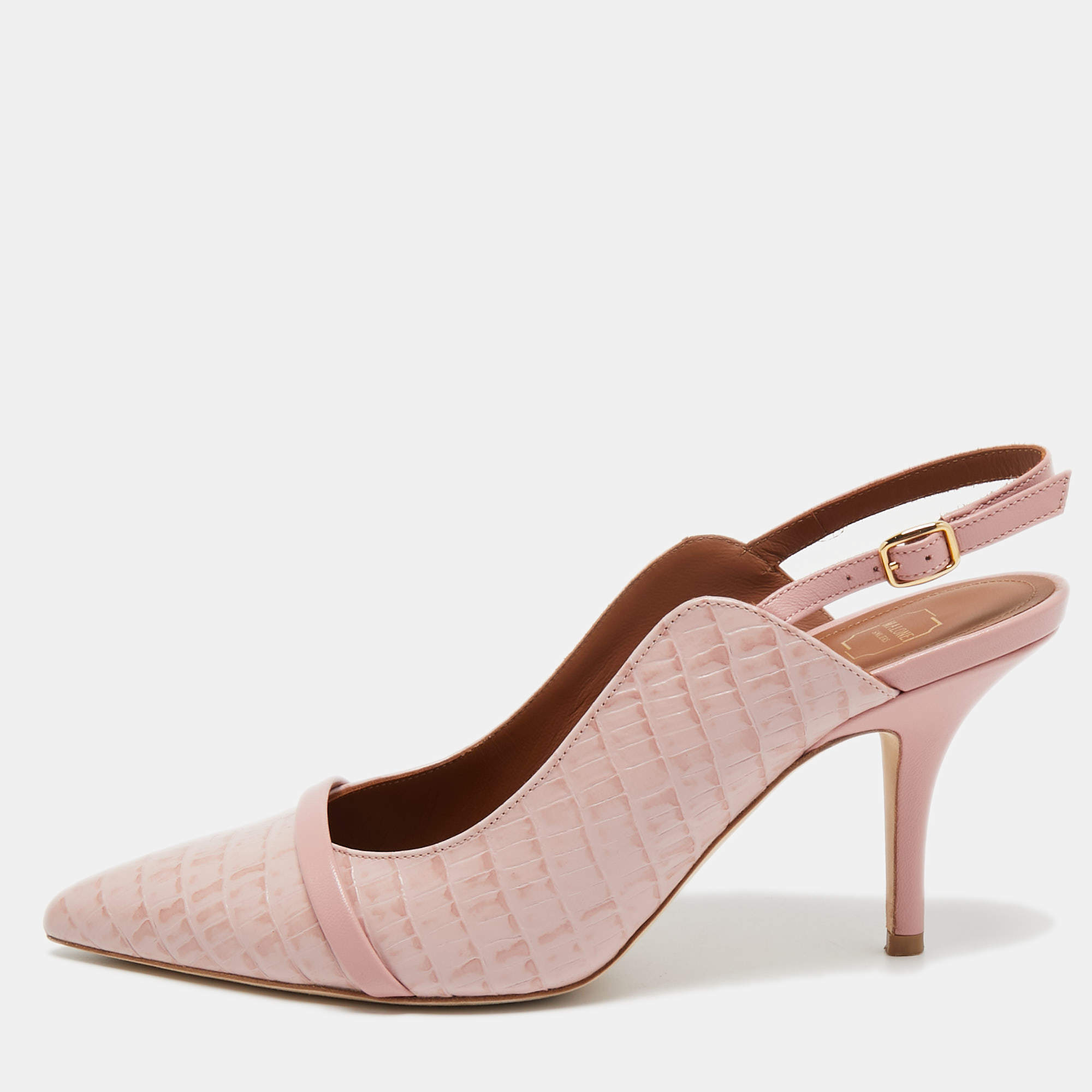Malone Souliers Pink Croc Embossed Leather Marion Pointed Toe Slingback Pumps Size 38