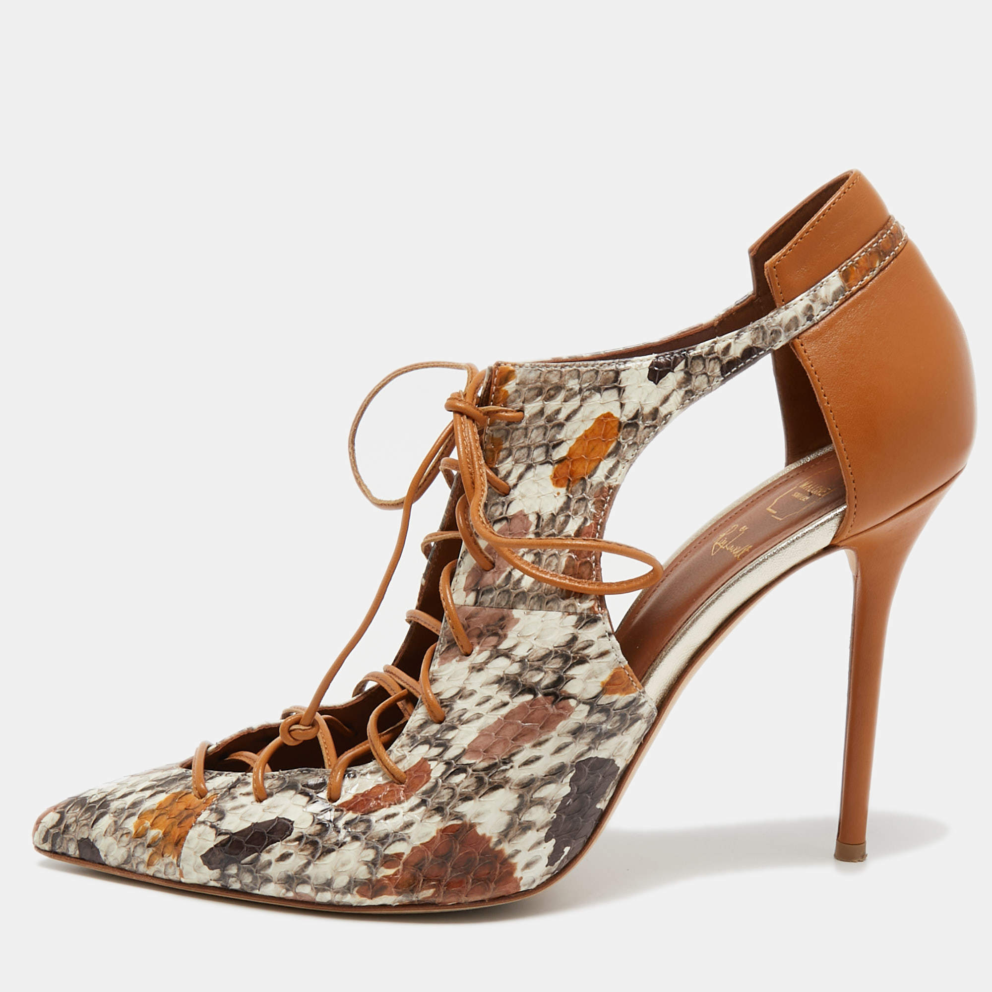 Pre Owned Malone Souliers Multicolor Python and Leather Montana Pointed Toe Lace Up Booties Size 41