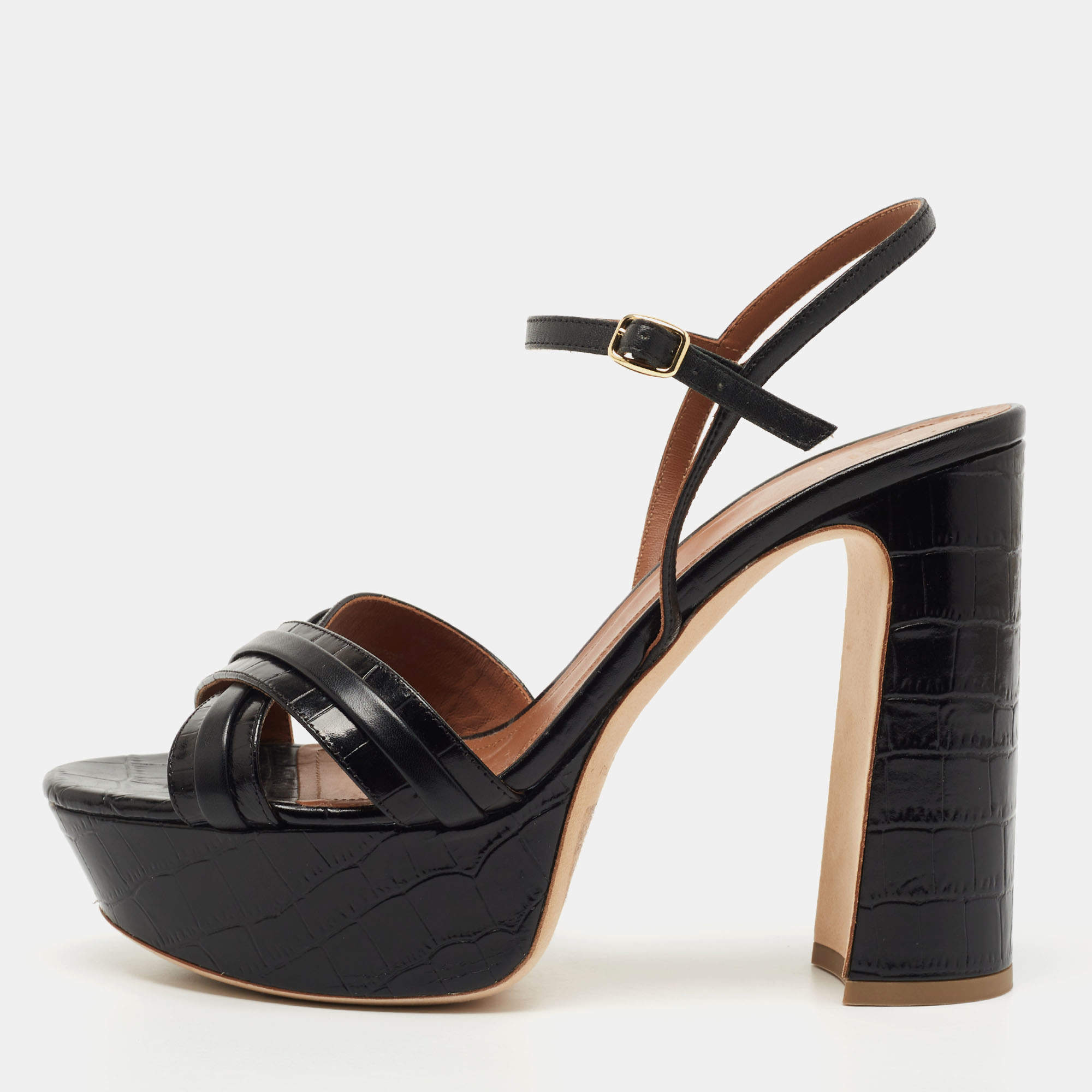 Pre Owned Malone Souliers Black Croc Embossed and Leather Mila Sandals Size 39.5