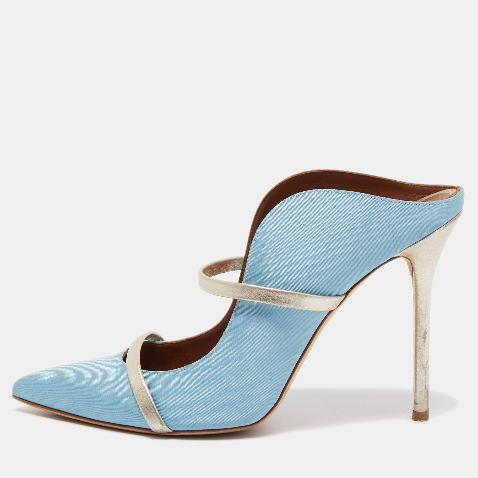 Malone Souliers Blue/Silver Moire Fabric and Leather Maureen Mules Size 41