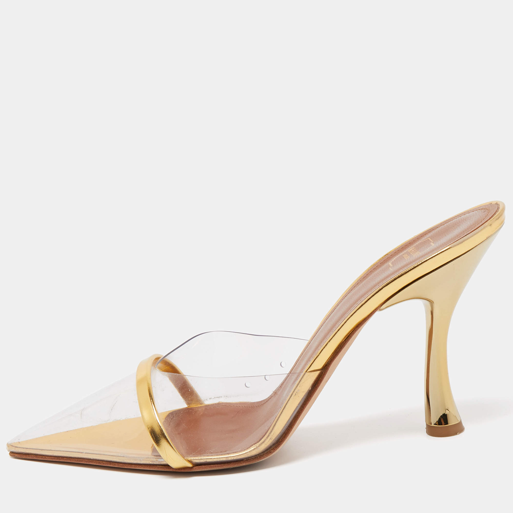 Pre Owned Malone Souliers Gold Patent Leather and PVC Joella Mule Sandals Size 38.5