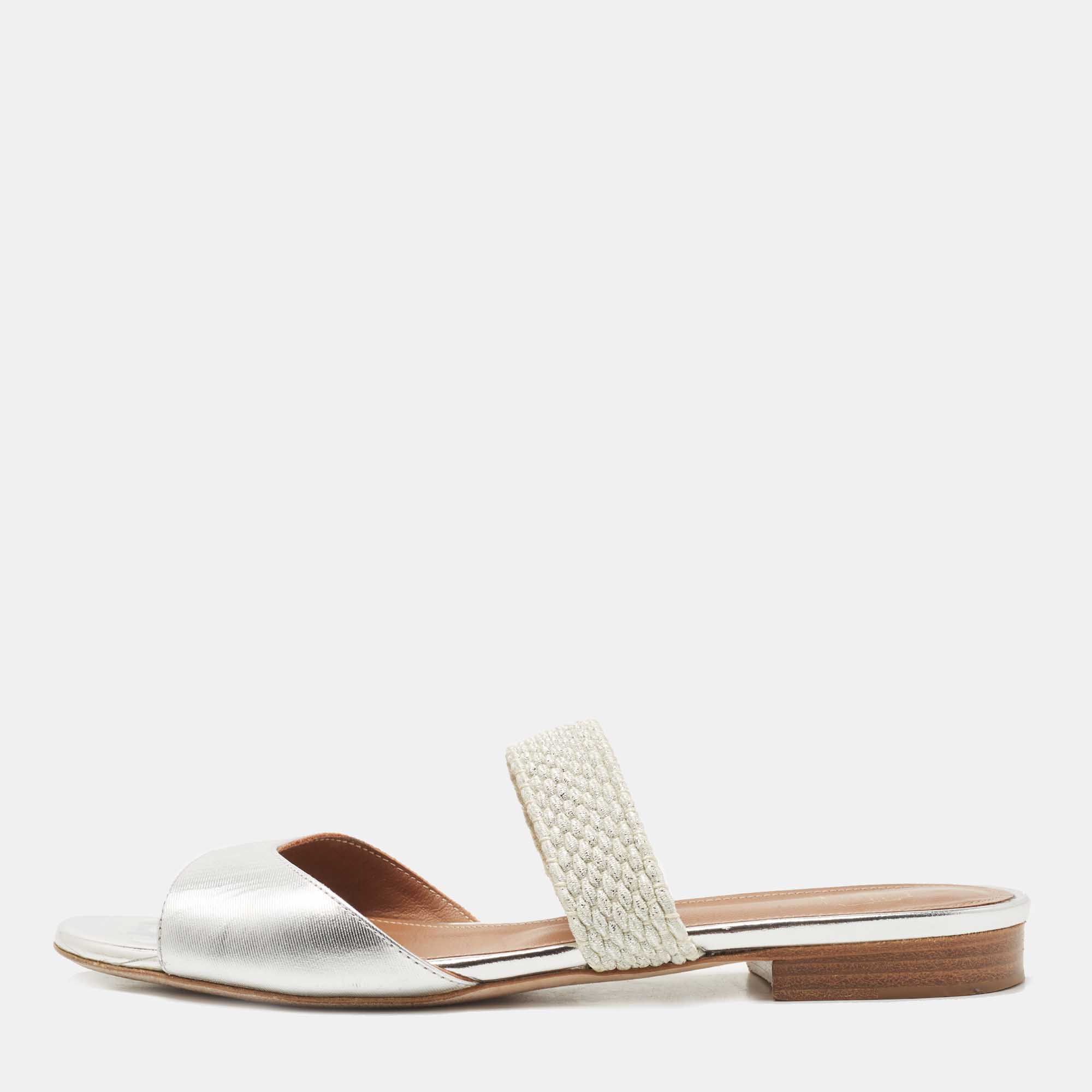 Pre Owned Malone Souliers Silver Leather Slide Flats Size 37.5