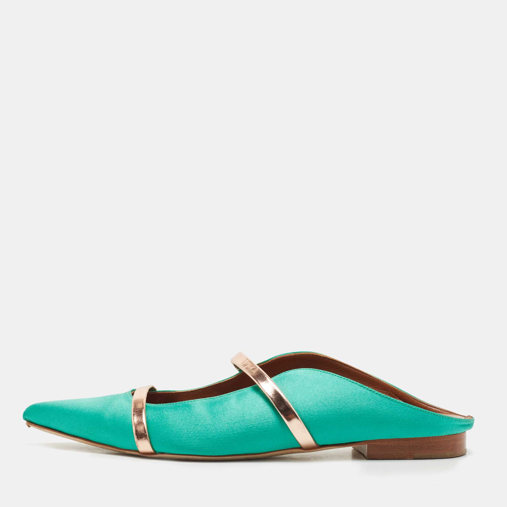 Pre Owned Malone Souliers Green/Rose Gold Satin and Leather Maureen Flat Mules Size 38