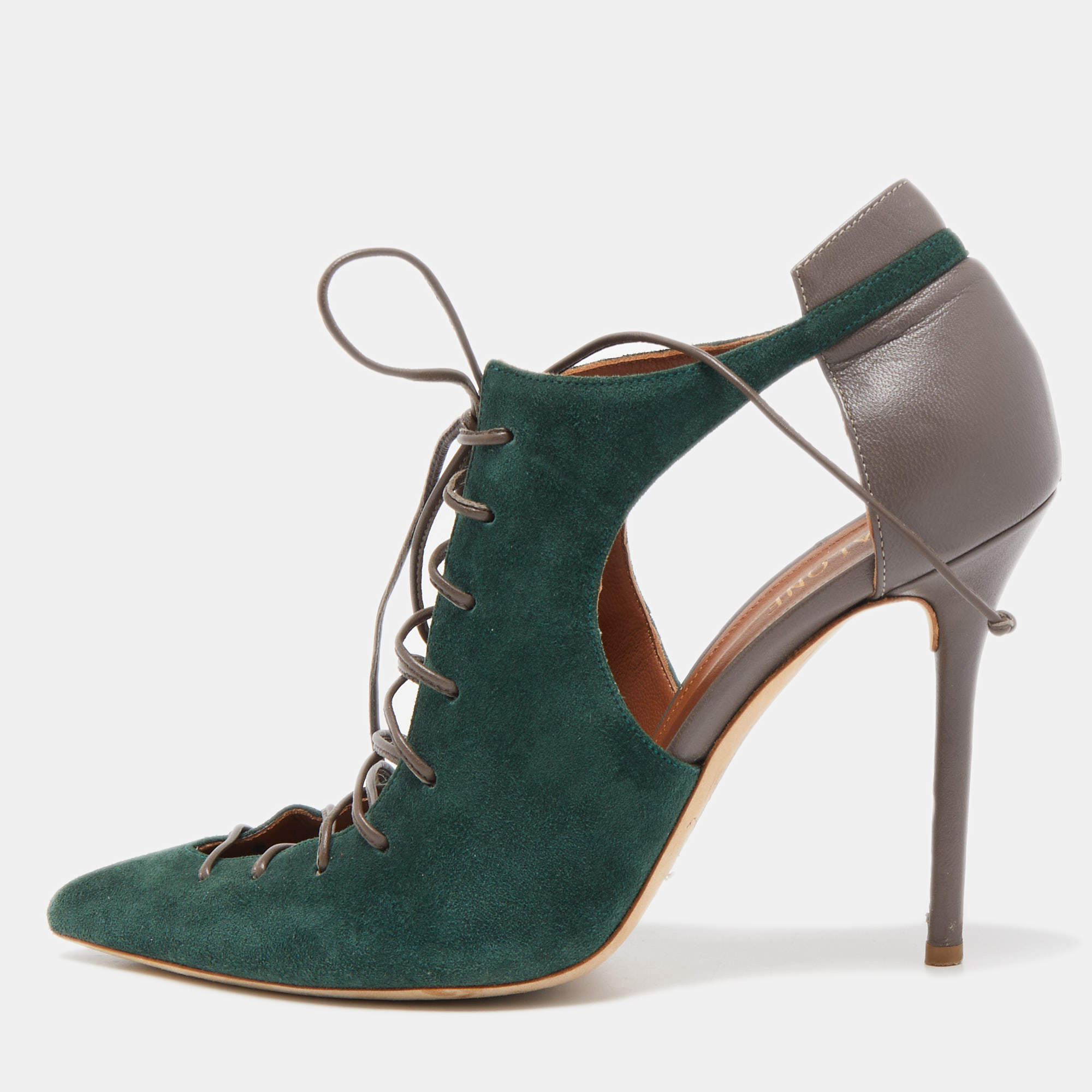 Pre Owned Malone Souliers Green/Grey Suede and Leather Montana Booties Size 39.5