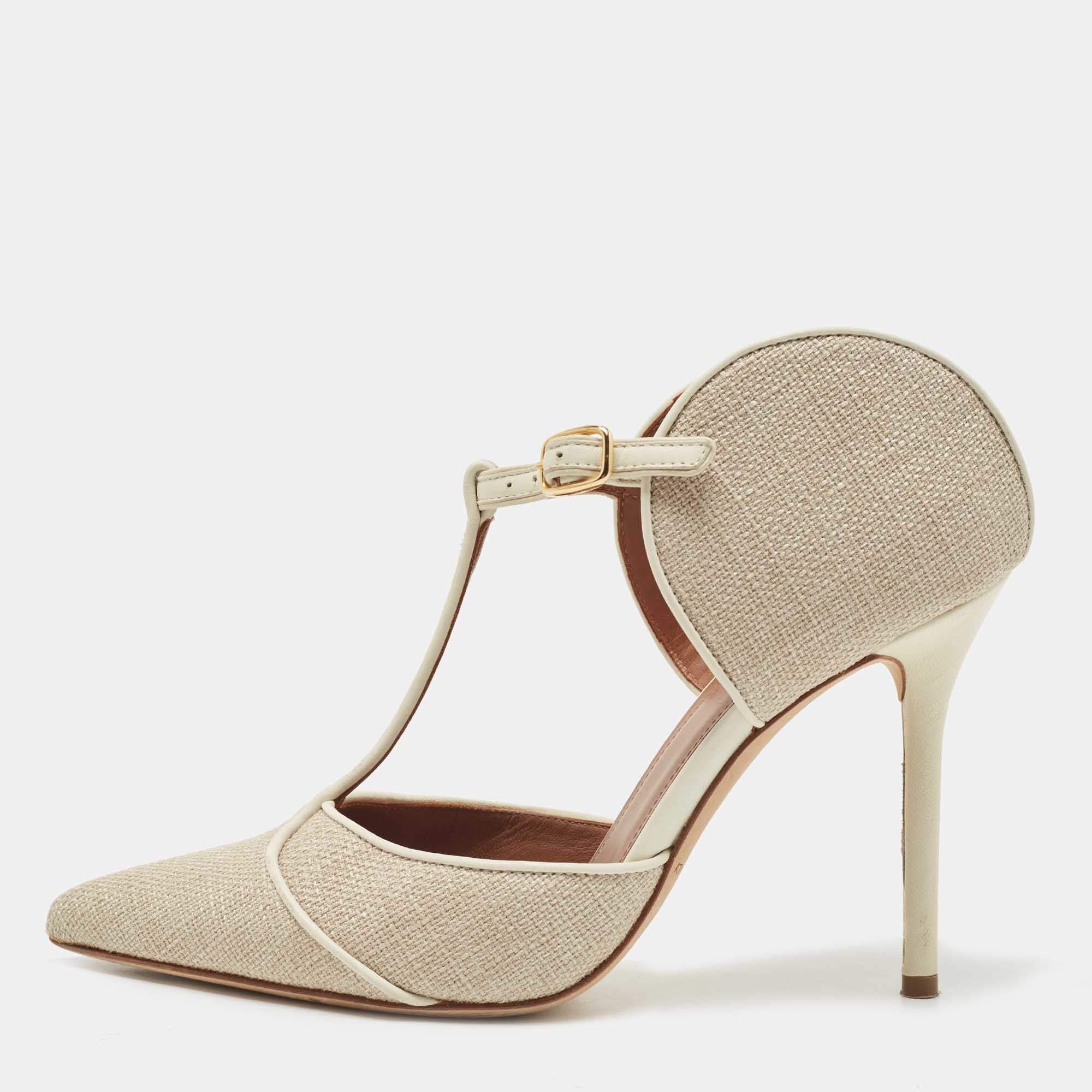 Malone Souliers Cream Canvas And Leather Trim Imogen Pumps Size 37