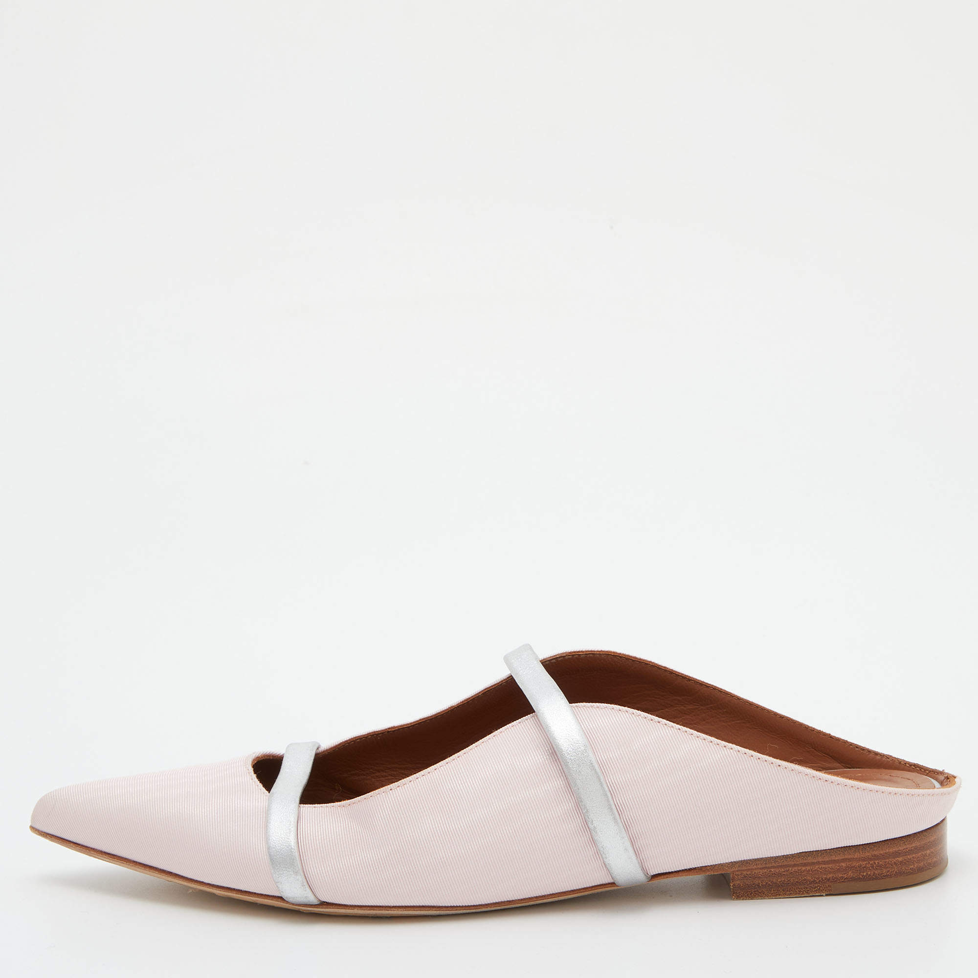 Pre Owned Malone Souliers Pink/Silver Canvas Maureen Flat Mules Size 35