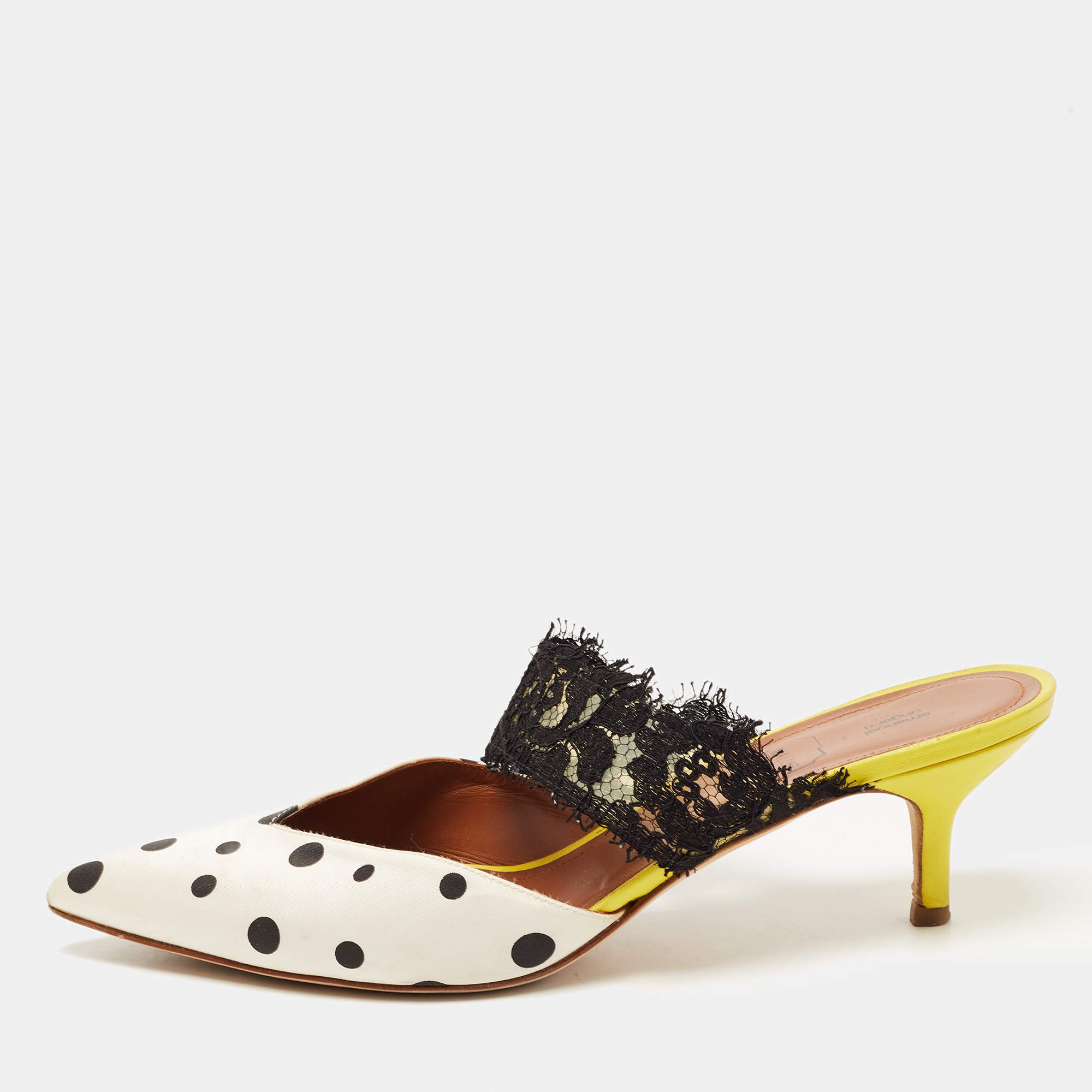 Pre Owned Malone Souliers x Emanuel Ungaro White/Black Polka Dot Satin and Lace Maisie Mules Size 40.5