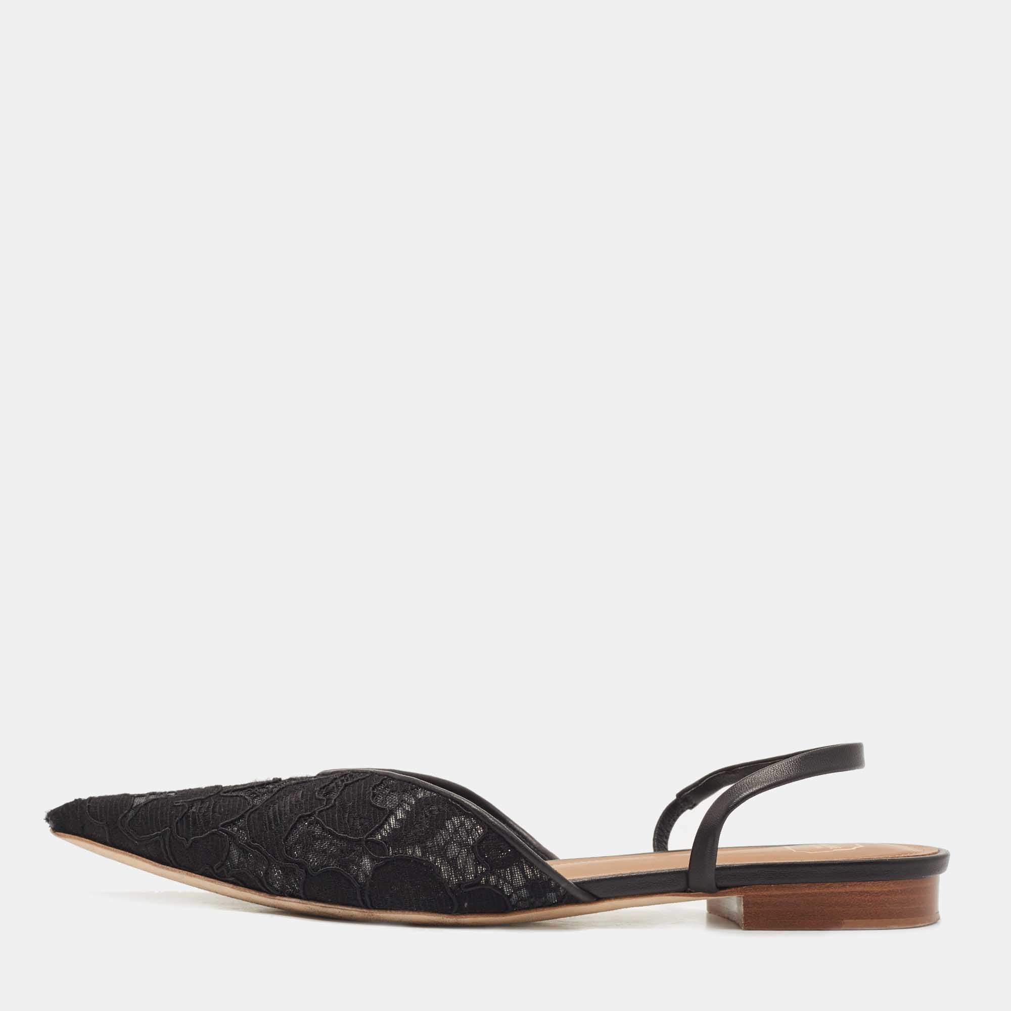 Pre Owned Malone Souliers Black Lace and Leather Maria Slingback Flat Sandals Size 38.5