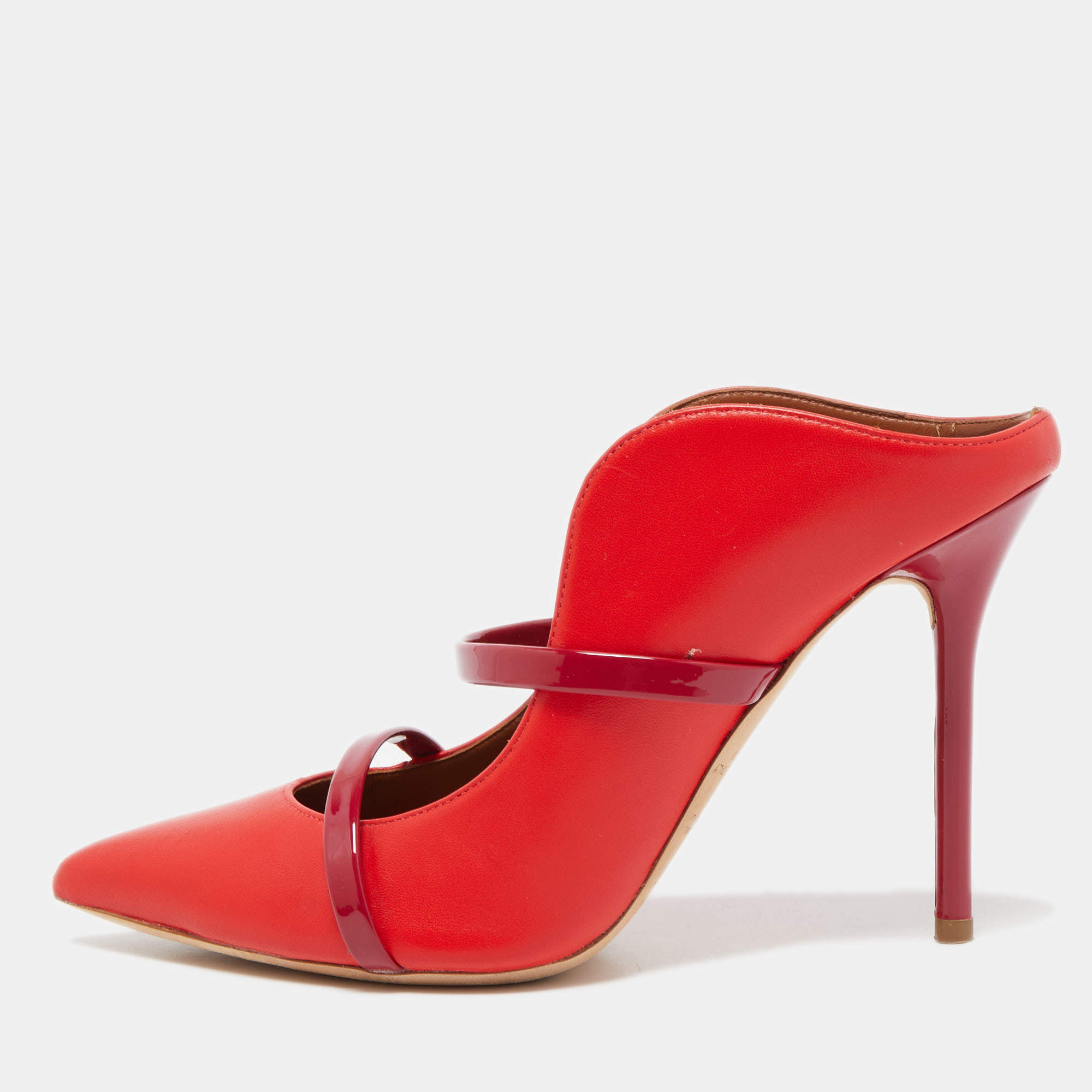 Pre Owned Malone Souliers Red/Burgundy Leather and Patent Maureen Mules Size 37.5