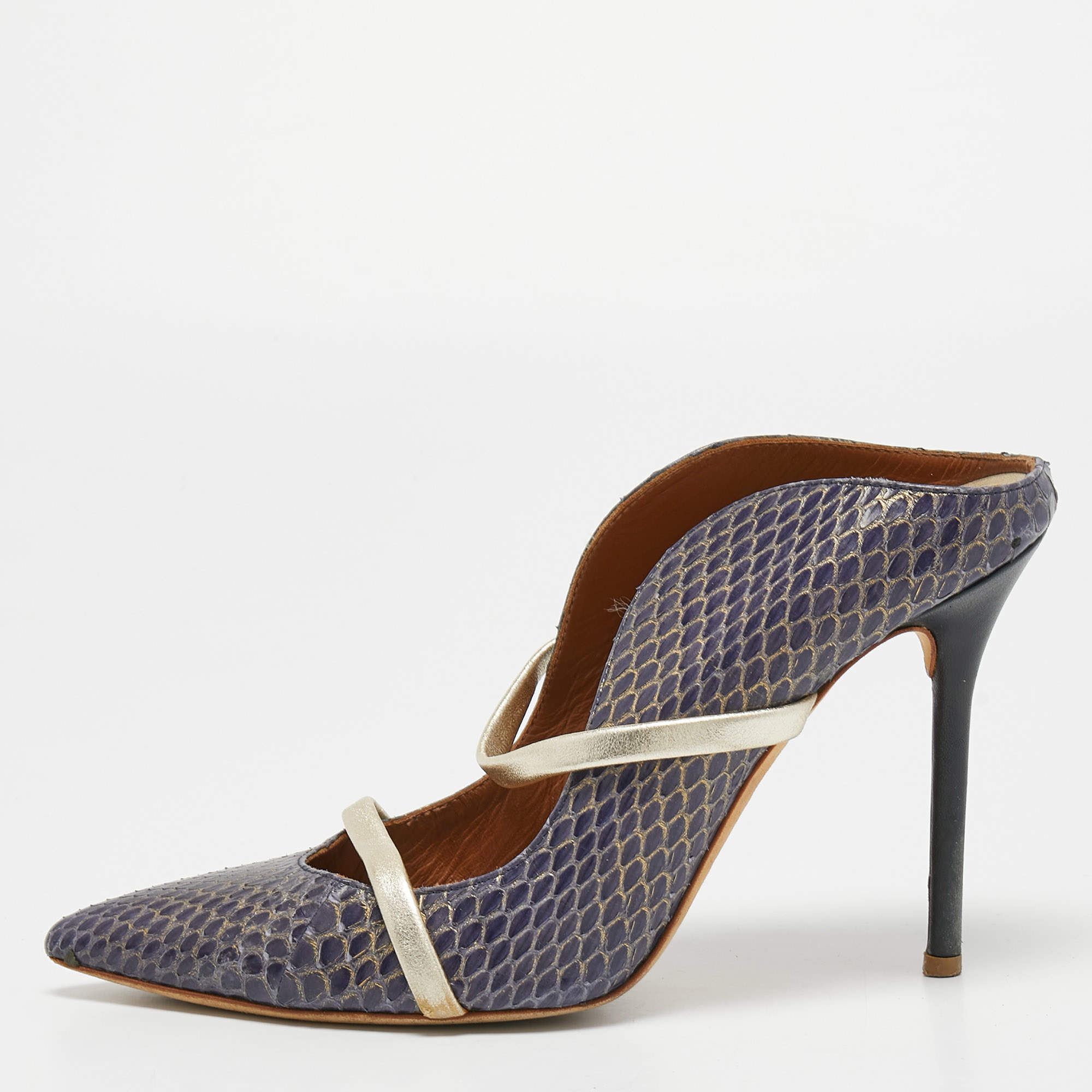 Pre Owned Malone Souliers Blue/Gold Python and Leather Maureen Mules Size 38