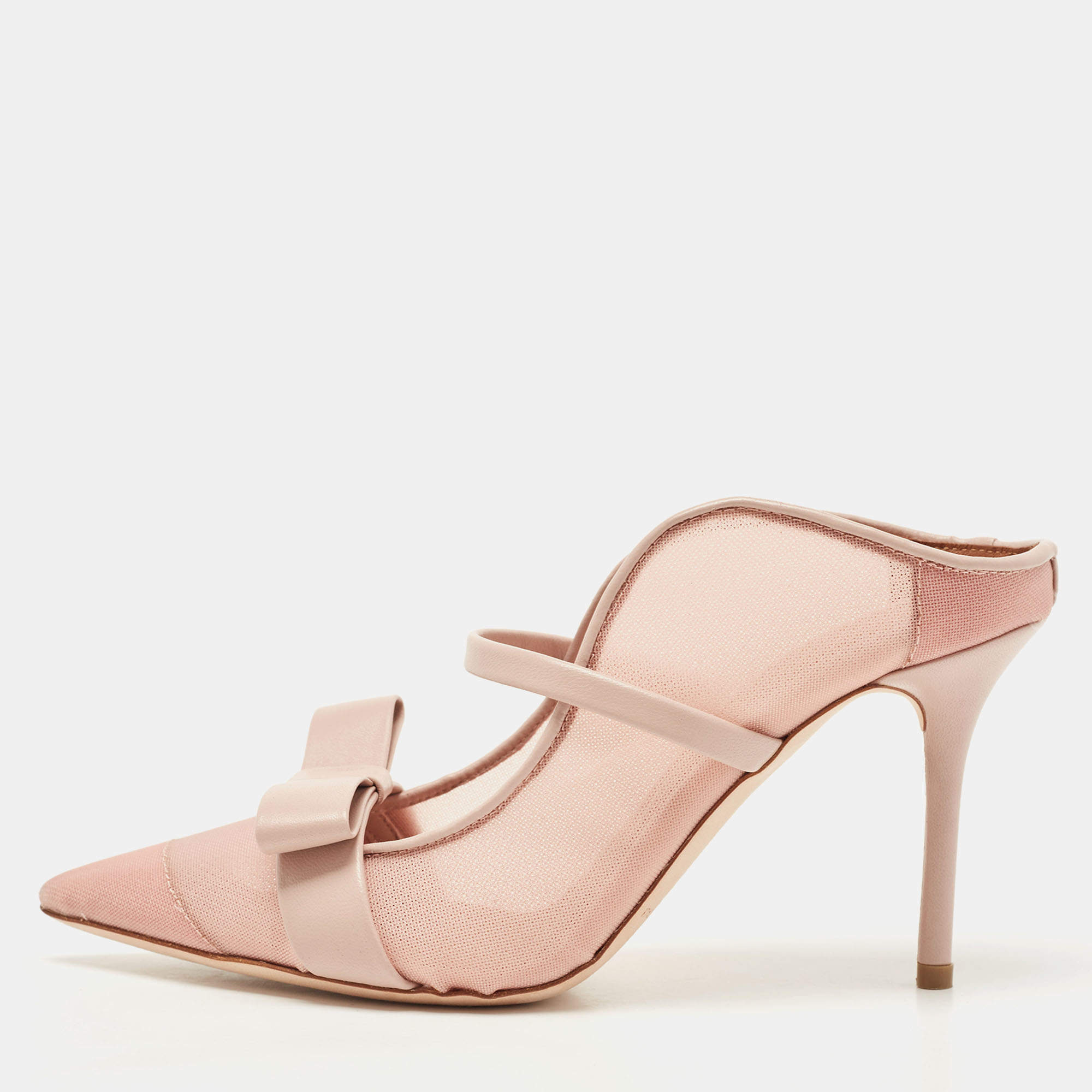 Pre Owned Malone Souliers Pink Mesh and Leather Marguerite Bow Pointed Toe Mules Size 36