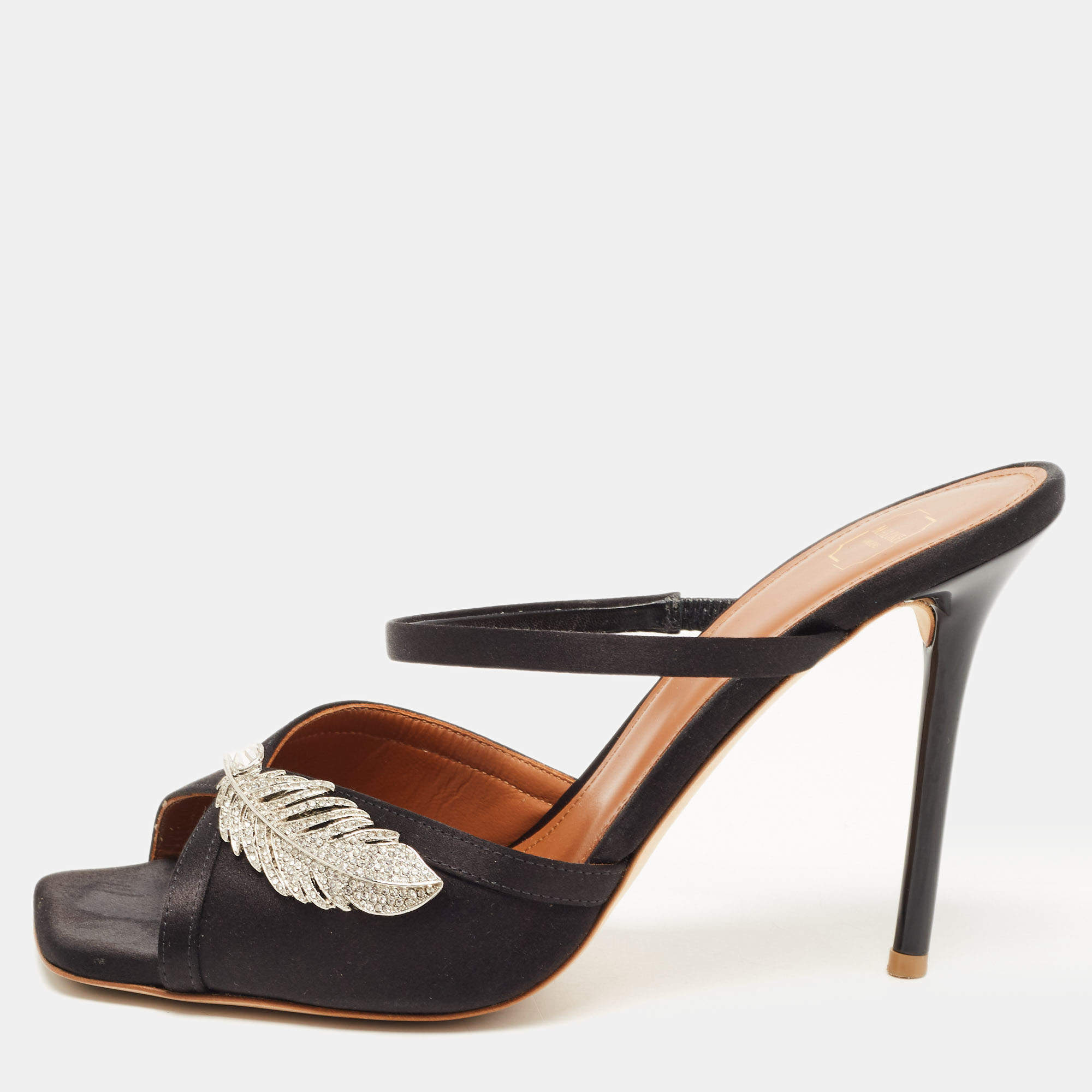 Pre Owned Malone Souliers Black Satin Fion Crystal Embellished Slide Sandals Size 37.5