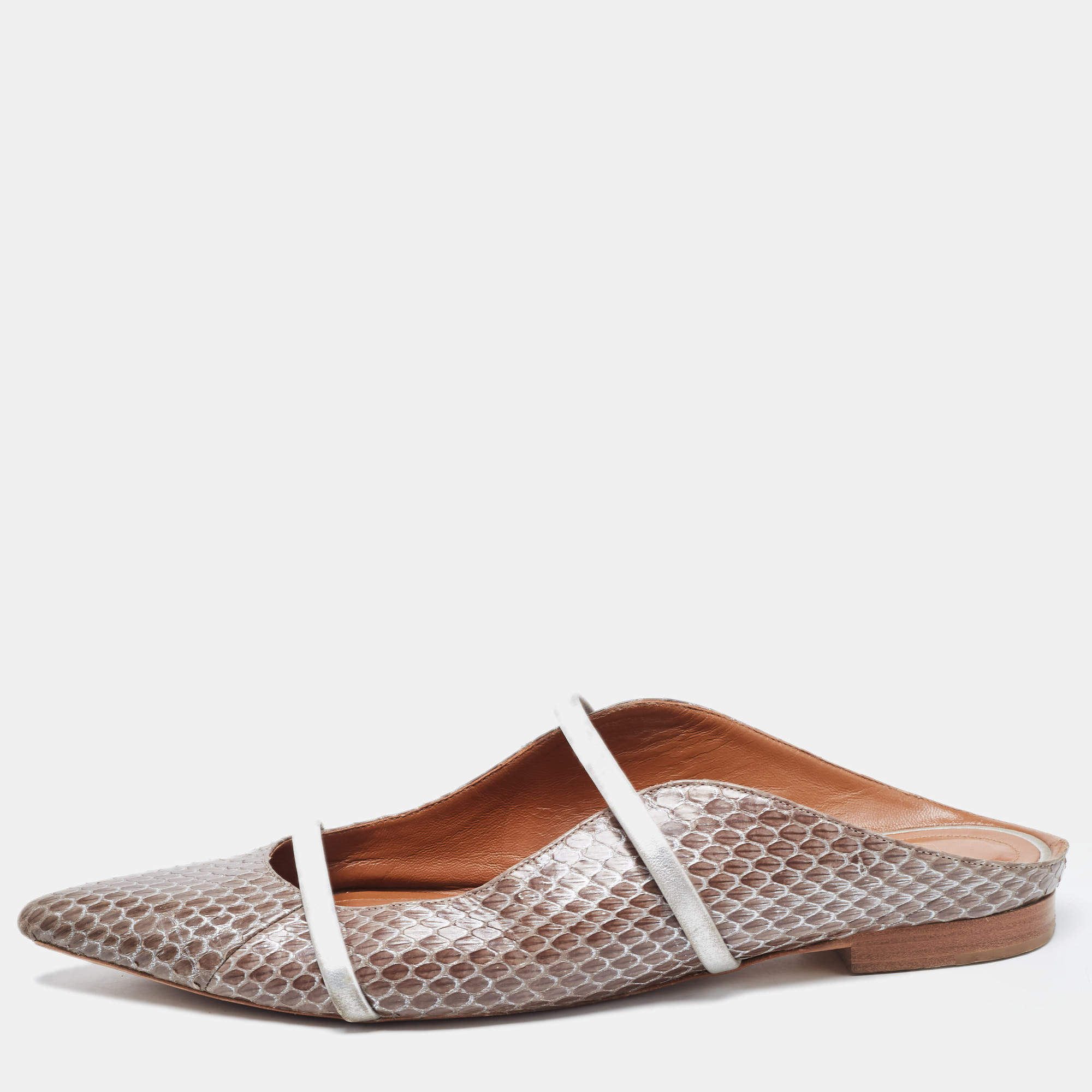 Pre Owned Malone Souliers Silver/Brown Python Leather Maureen Pointed Toe Flat Mules Size 42