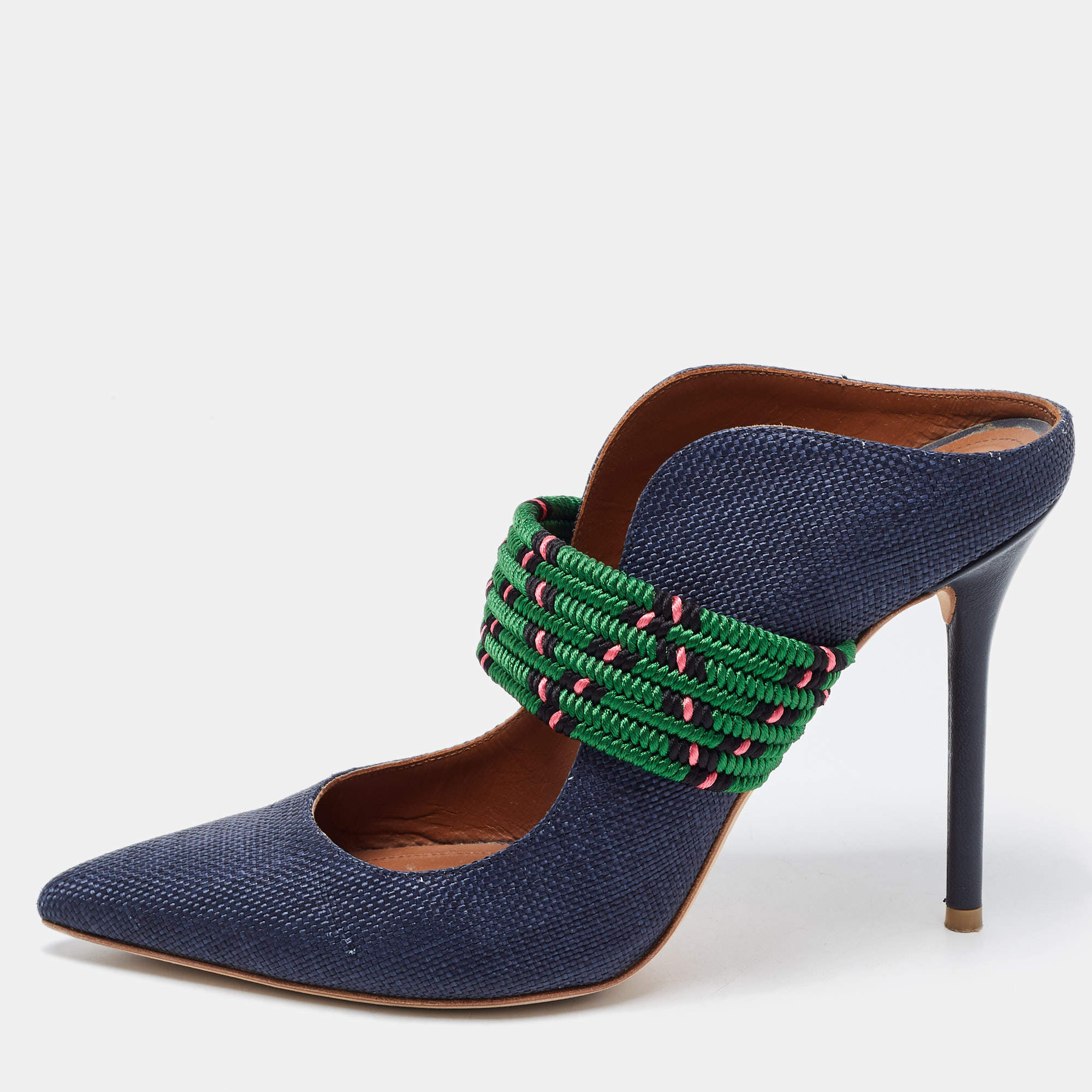 Pre Owned Malone Souliers Blue/Green Raffia And Fabric Maisie Maureen Pumps Size 38
