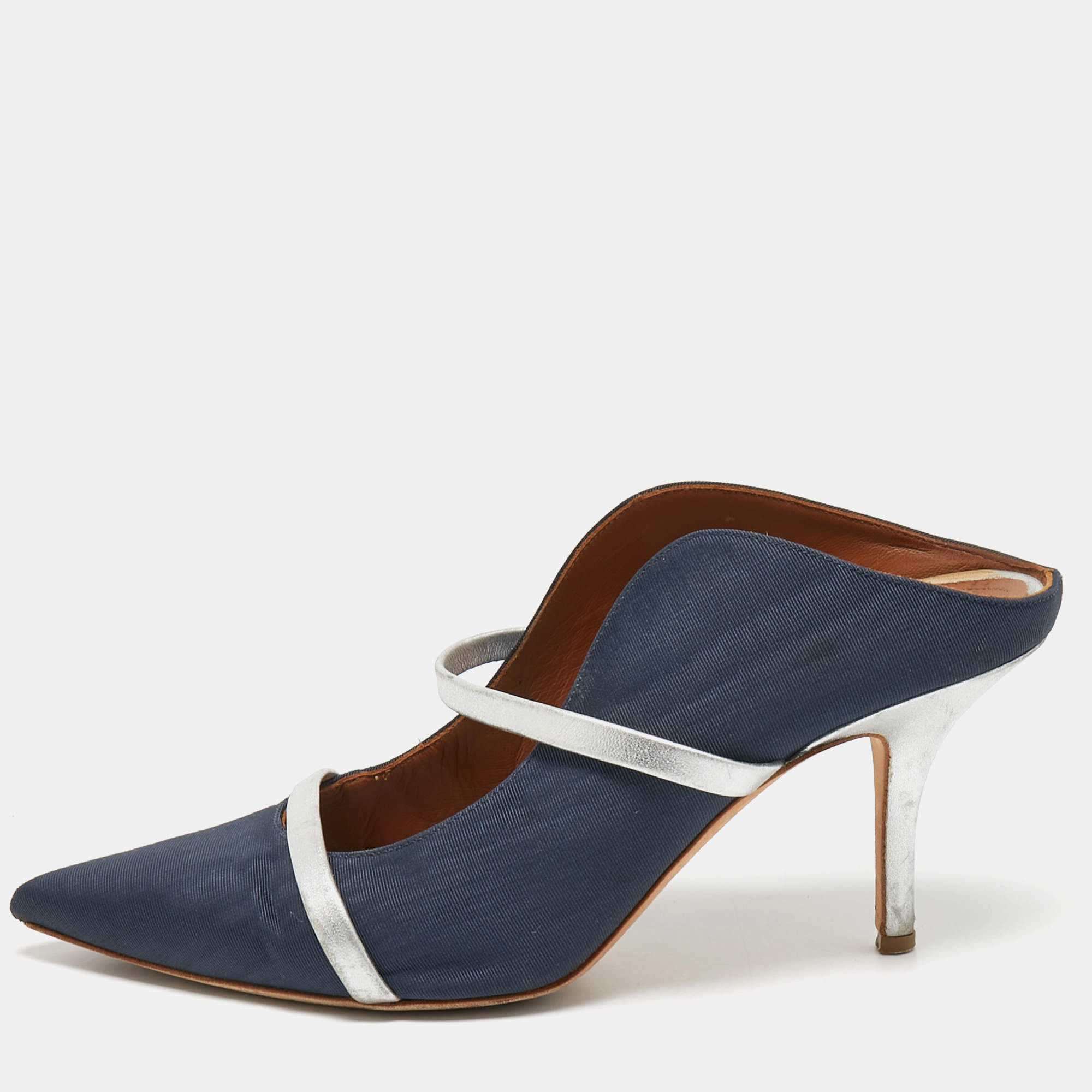 Pre Owned Malone Souliers Navy Blue Canvas Maureen Mule Pumps Size 38