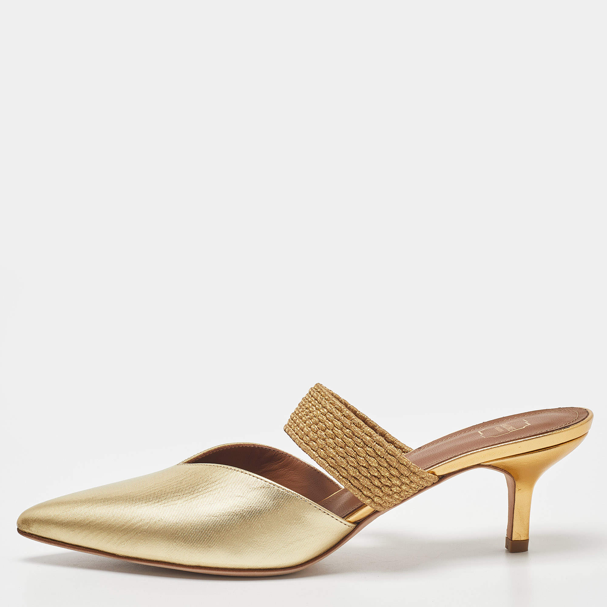Pre Owned Malone Souliers Gold Leather Maisie Pointed Toe Mules Size 38.5