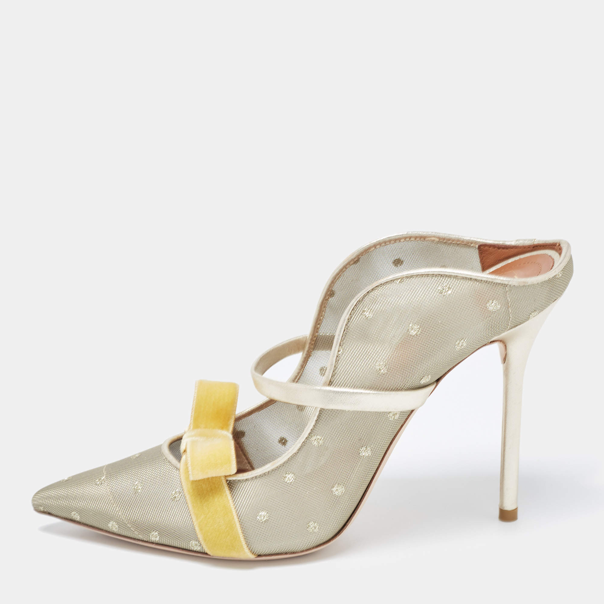 Pre Owned Malone Souliers Metallic Mesh and Leather Marguerite Bow Mules Size 38.5