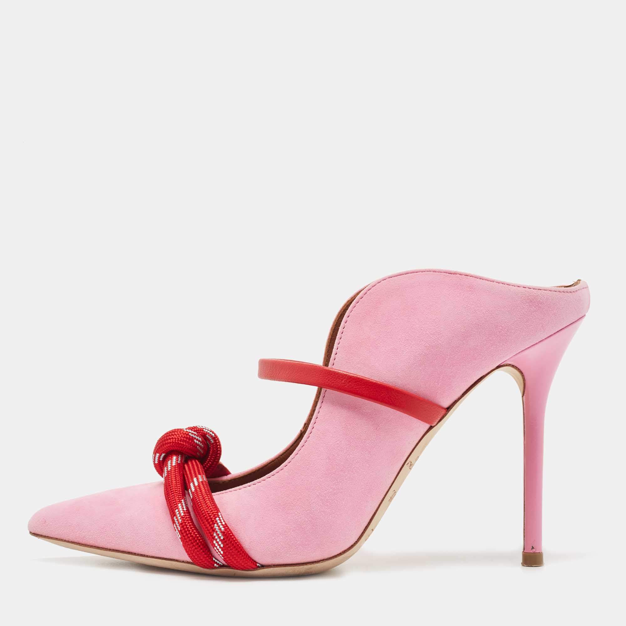 Pre Owned Malone Souliers by Roy Luwolt Pink/Red Suede and Leather Knotted Rope Mules Size 36
