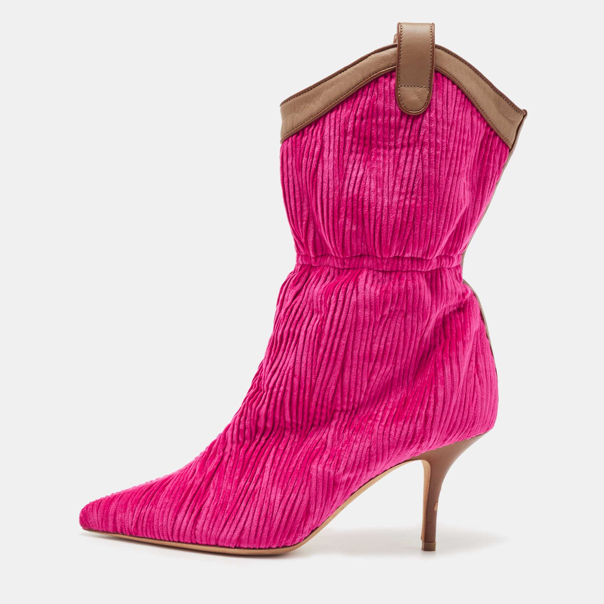 Pre Owned Malone Souliers Pink/Brown Pleated Velvet and Leather Daisy Mid Calf Boots Size 37.5