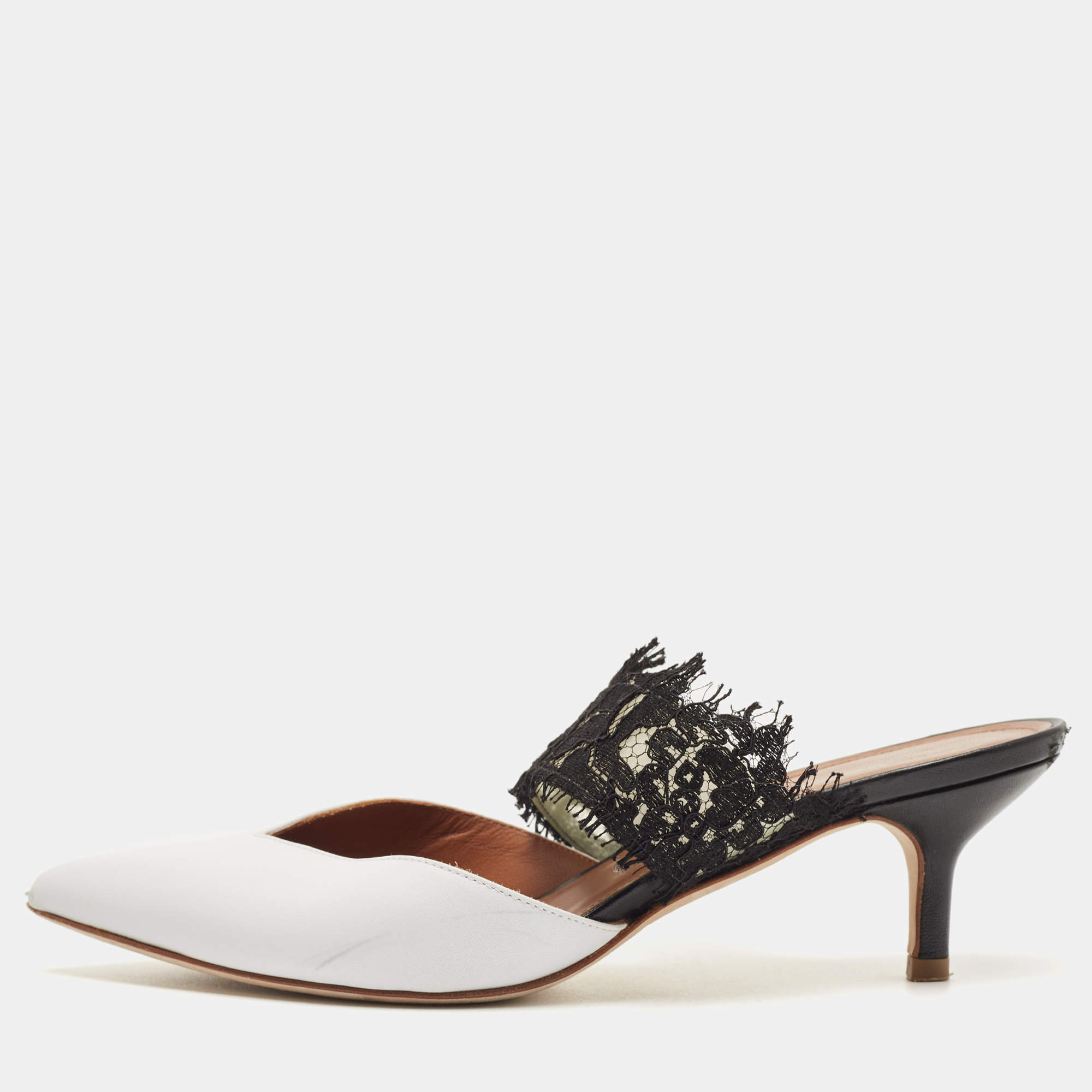 Pre Owned Malone Souliers White/Black Lace and Leather Maisie Mules Size 36