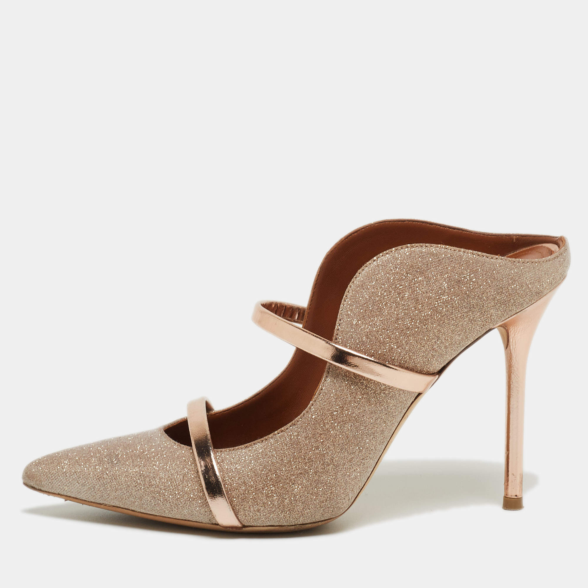Pre Owned Malone Souliers Metallic Glitter Fabric and Leather Maureen Mules Size 37