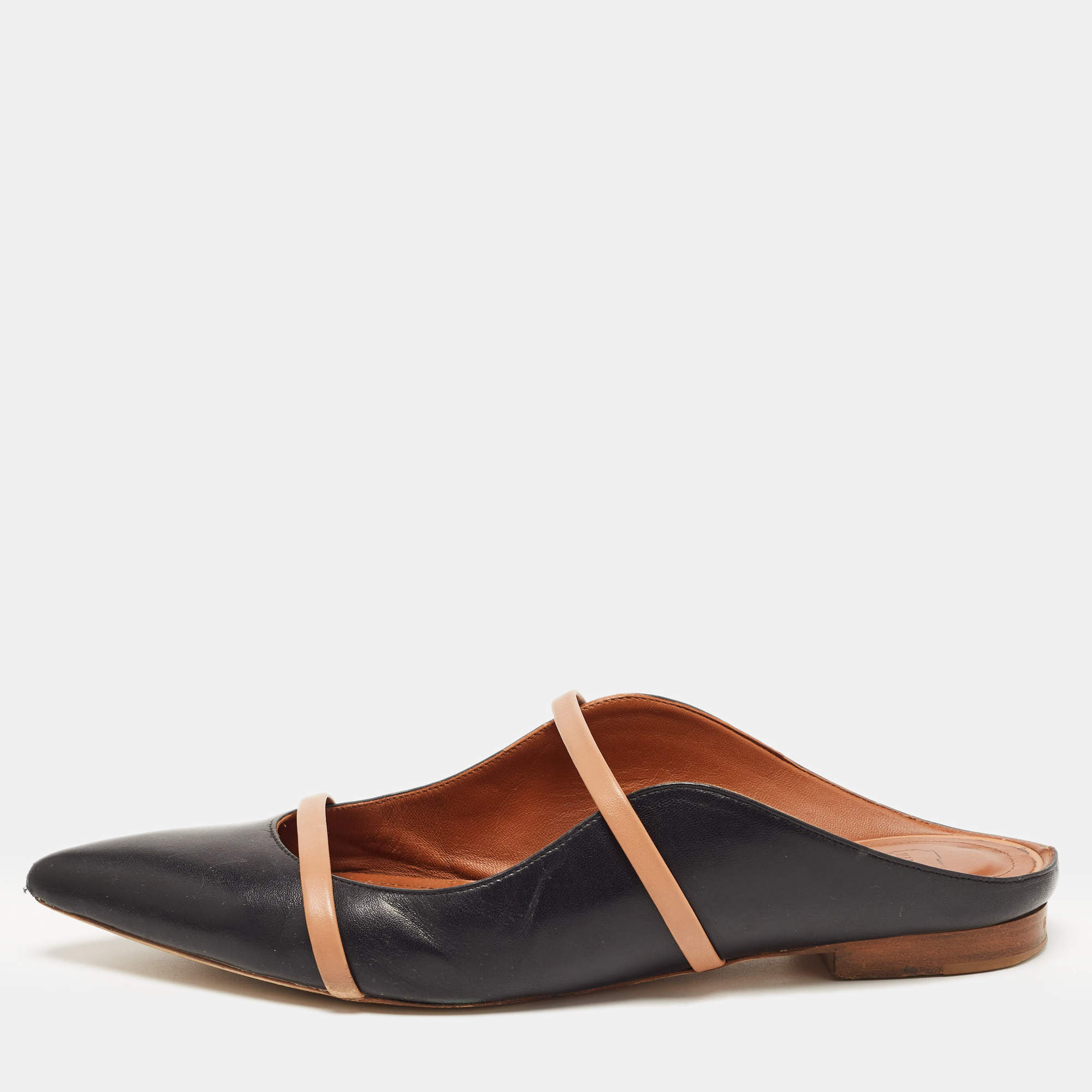 Pre Owned Malone Souliers Black/Beige Leather Maureen Flat Mules Size 39.5
