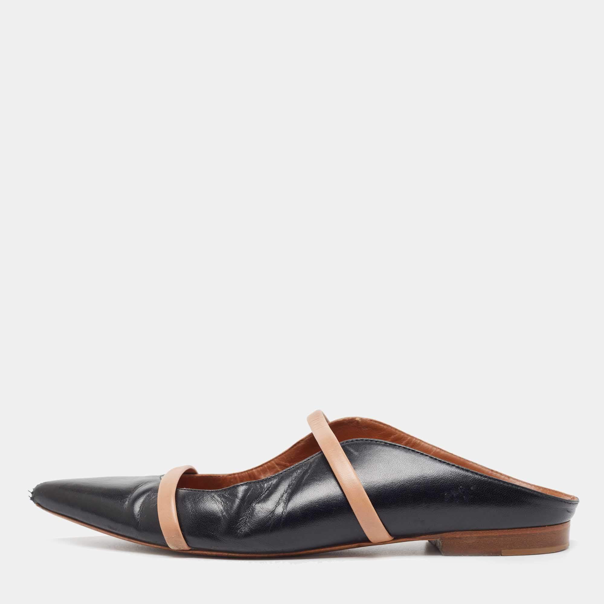 Pre Owned Malone Souliers Black/Beige Leather Maureen Flat Mules Size 37