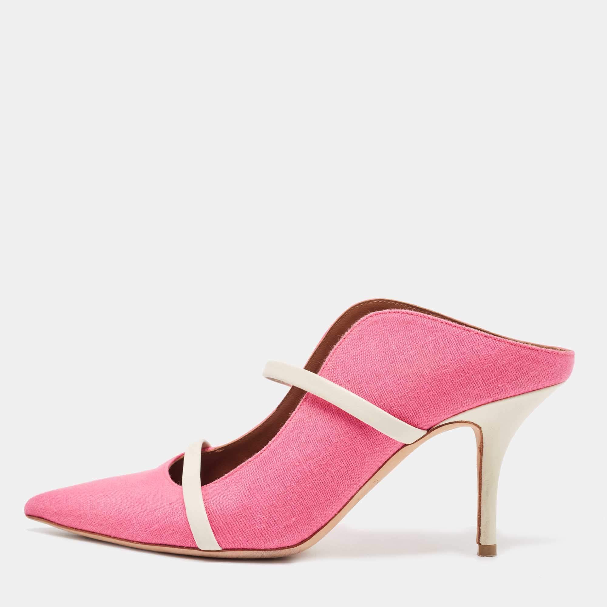 Pre Owned Malone Souliers Pink/White Canvas and Leather Maureen Mules Size 39.5