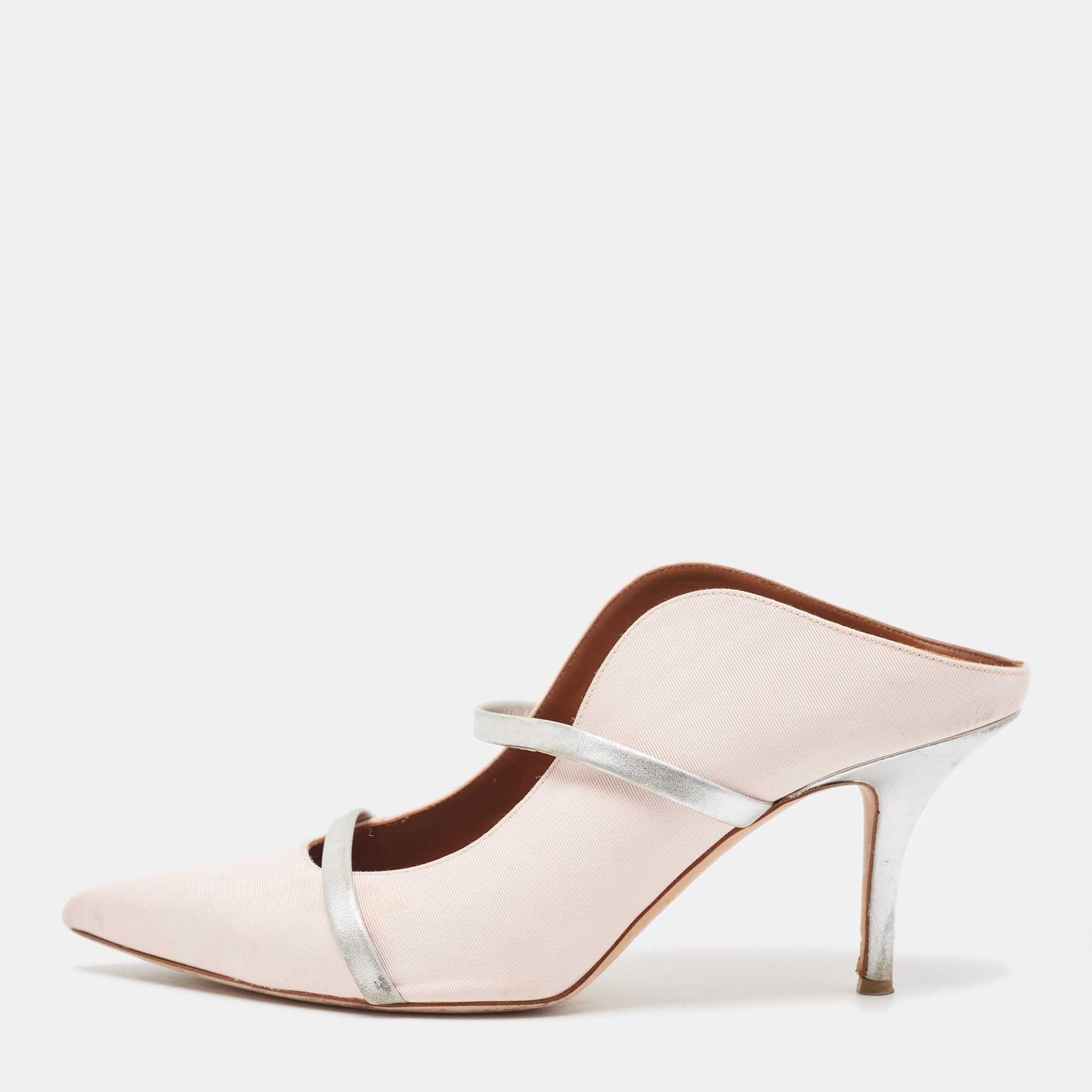 Pre Owned Malone Souliers Pink/Silver Fabric and Leather Maureen Mules Size 40.5