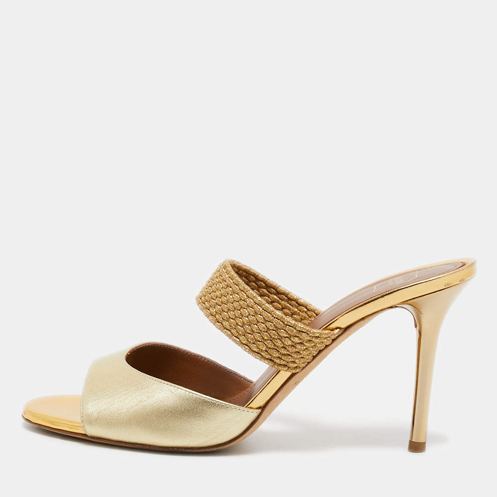 Pre Owned Malone Souliers Gold Textured Leather and Woven Lurex Fabric Milena Sandals Size 37