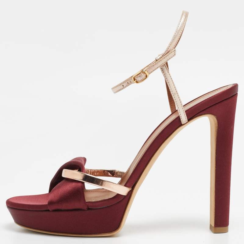 Pre Owned Malone Souliers Burgundy/Gold Satin Miranda Ankle Strap Sandals Size 41